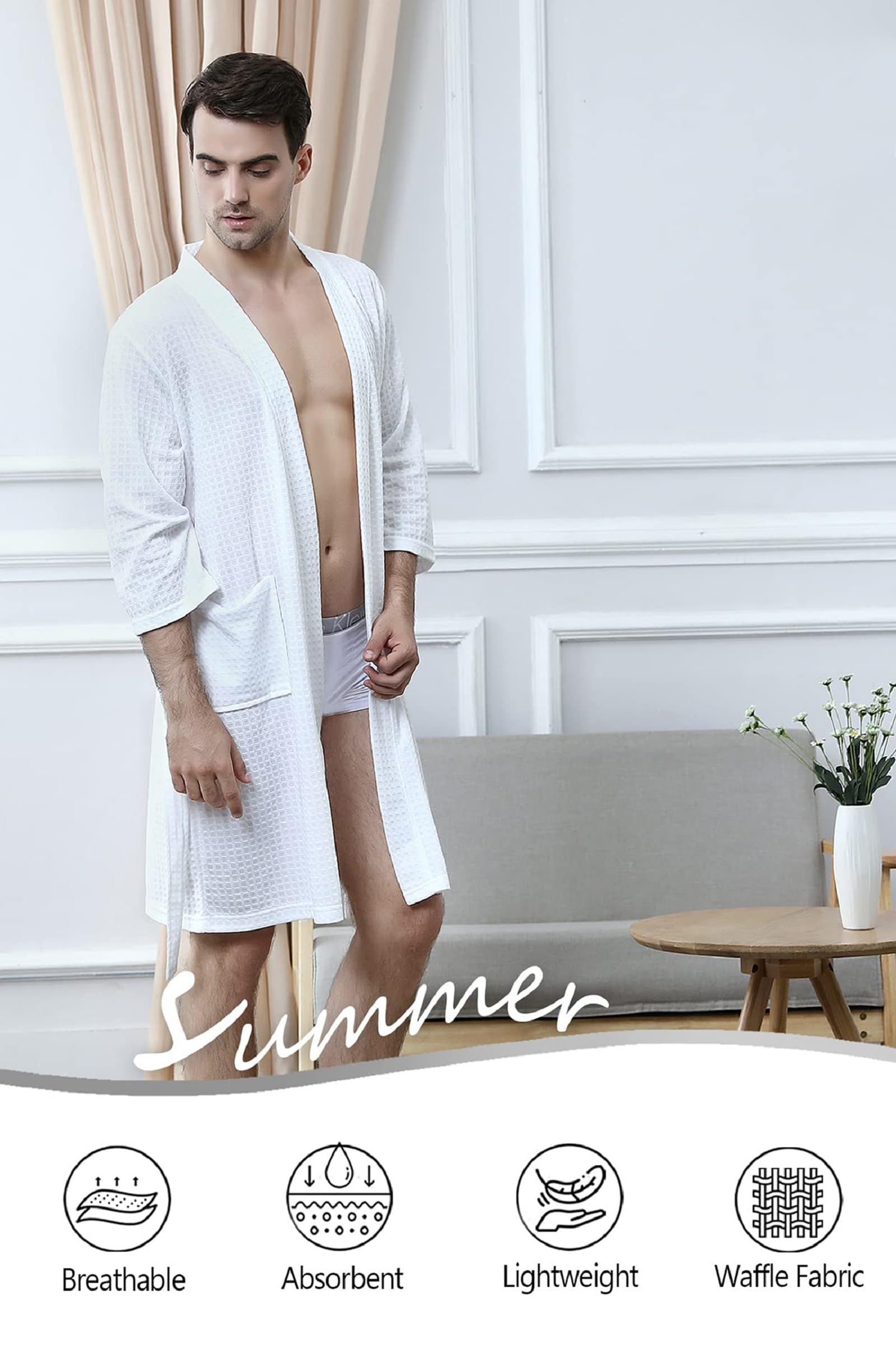 Men's Lightweight Summer Robes - Knee Length Soft Absorbent Bathrobe for Pool, Shower & Lounge Wear - Perfect for Beach, Spa & Home Relaxation