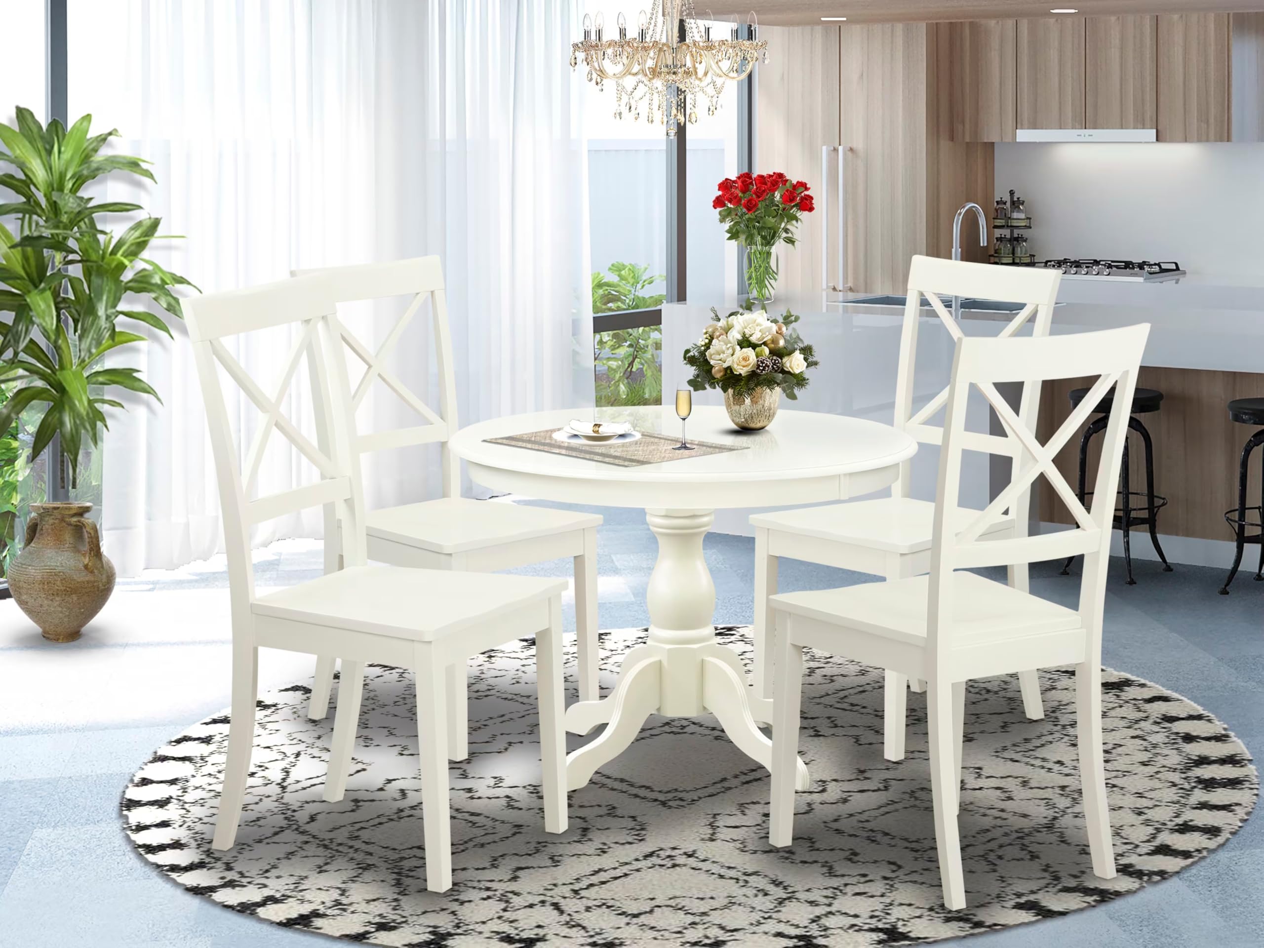 East West Furniture 5-Piece Round Dining Set with Pedestal Table & 4 Chairs - 42x42 Inch Linen White - Perfect for Small Kitchens, Breakfast Nooks & Cozy Dining Spaces
