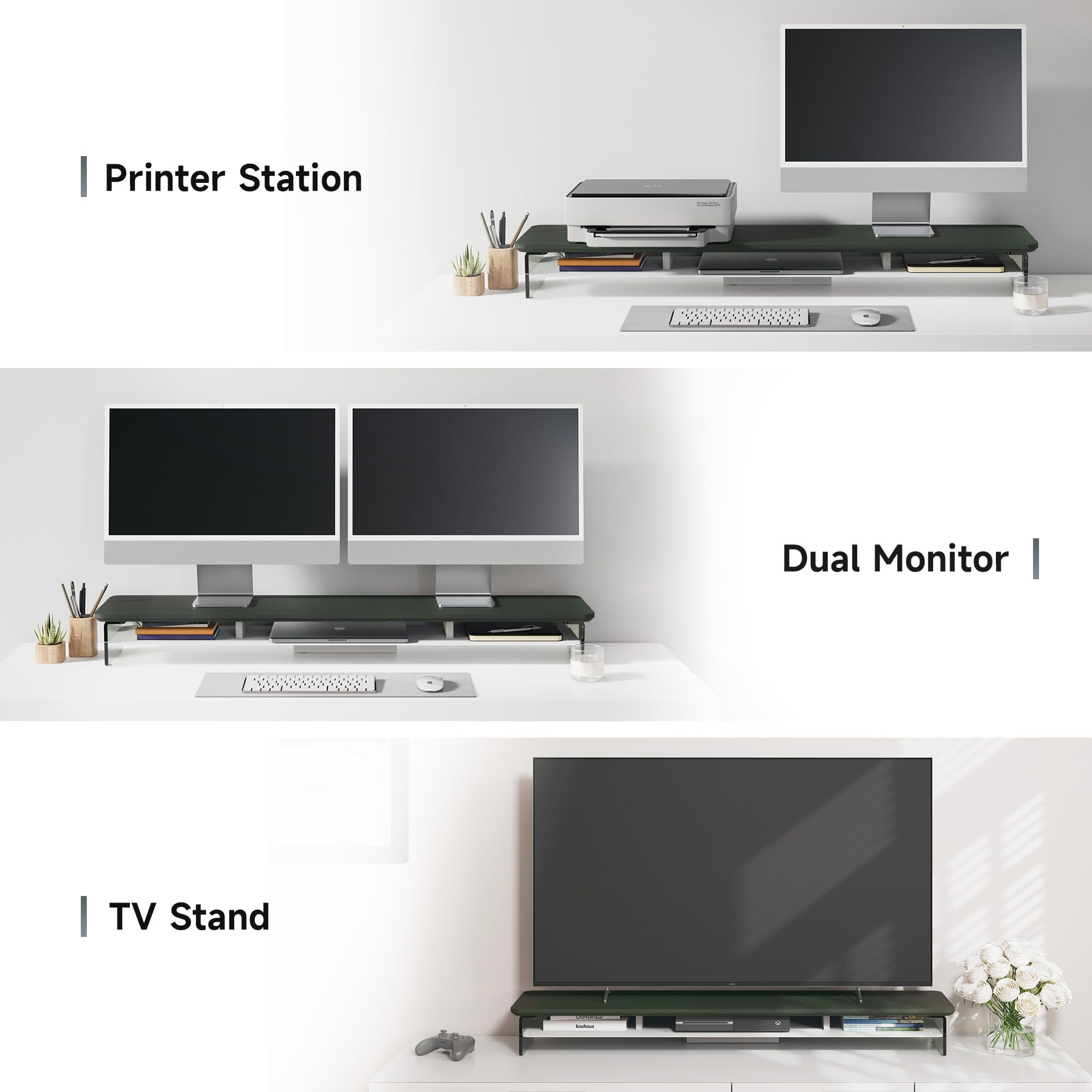 FENGE 2-Tier Acrylic Dual Monitor Stand Riser - 42.5 Inch Wide Computer Monitor Shelf with Storage Organizer for Home Office Desk - Compatible with Laptop, PC, TV (Green) - Perfect for Workspace Organization & Multi-Screen Setup