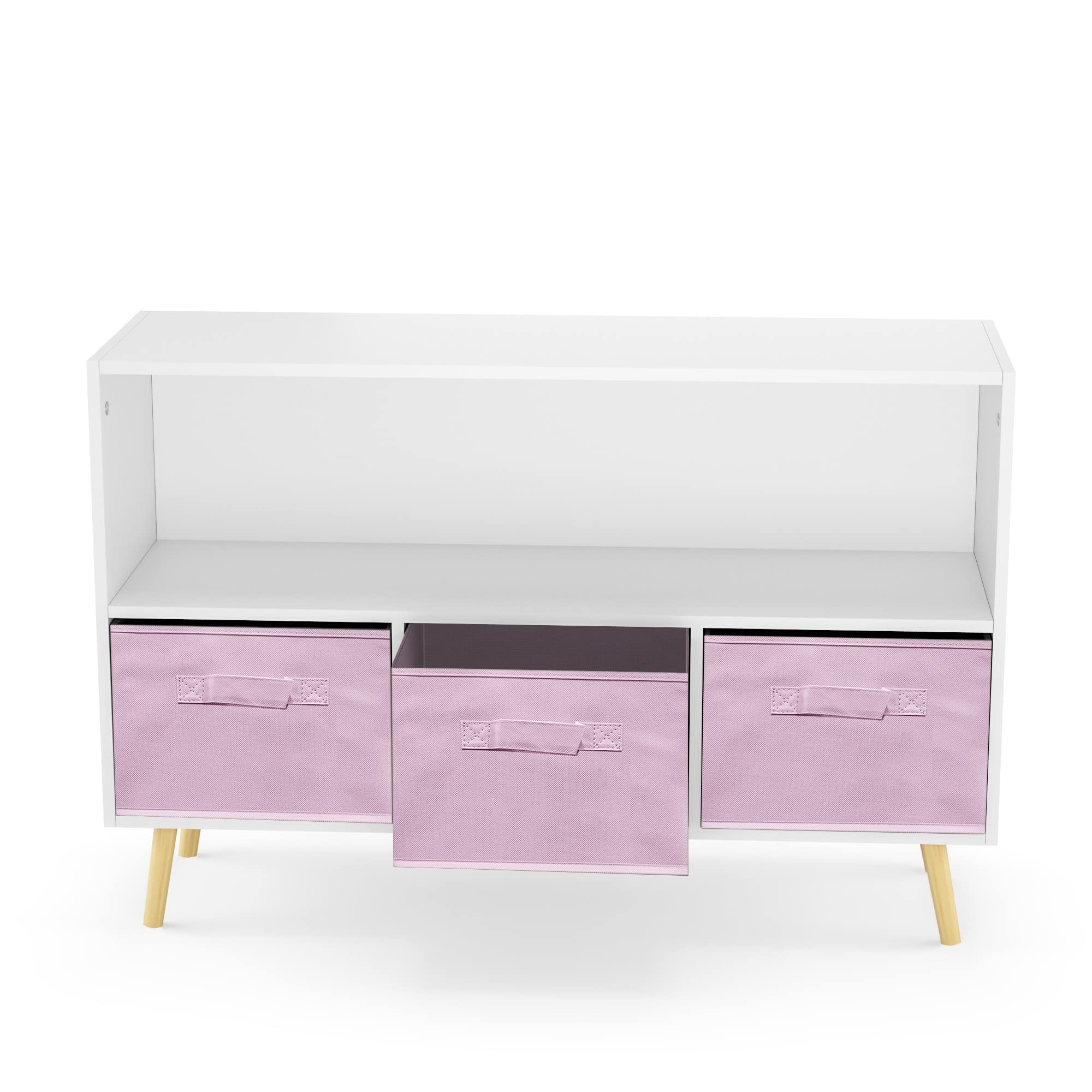 Kids Bookshelf Toy Storage Organizer with 3 Collapsible Fabric Drawers & Wooden Legs - Children's Bookcase for Nursery, Playroom & Home - Pink - Perfect for Organizing Toys, Books & Learning Materials