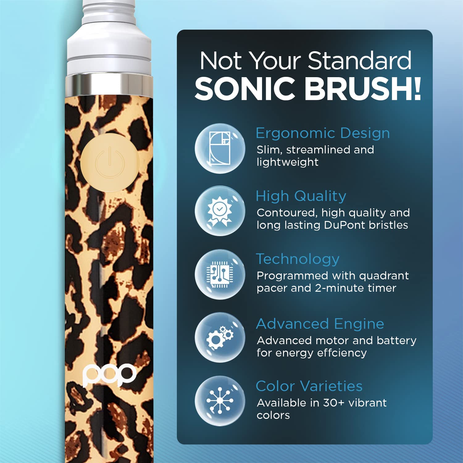 Pop Sonic Electric Toothbrush for Kids & Travel - Leopard Print, 2 Speed Modes (15,000-30,000 RPM), AAA Battery Powered with Dupont Nylon Bristles - Perfect for Home, School & Family Trips