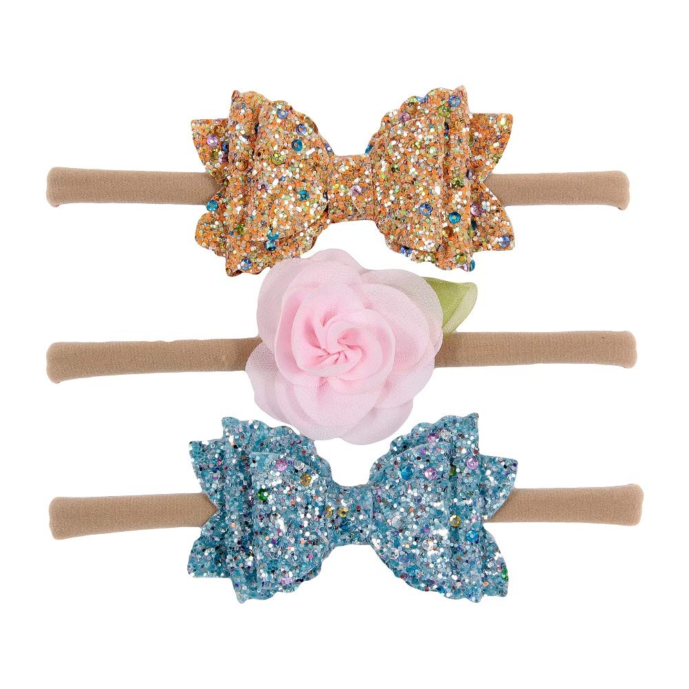 Nishine 6-Pack Baby Girls Nylon Headbands with Glitter Bows - Soft Toddler Hair Accessories for Newborns, Infants & Kids - Perfect for Birthday Parties, Baby Showers & Daily Wear (Set C)