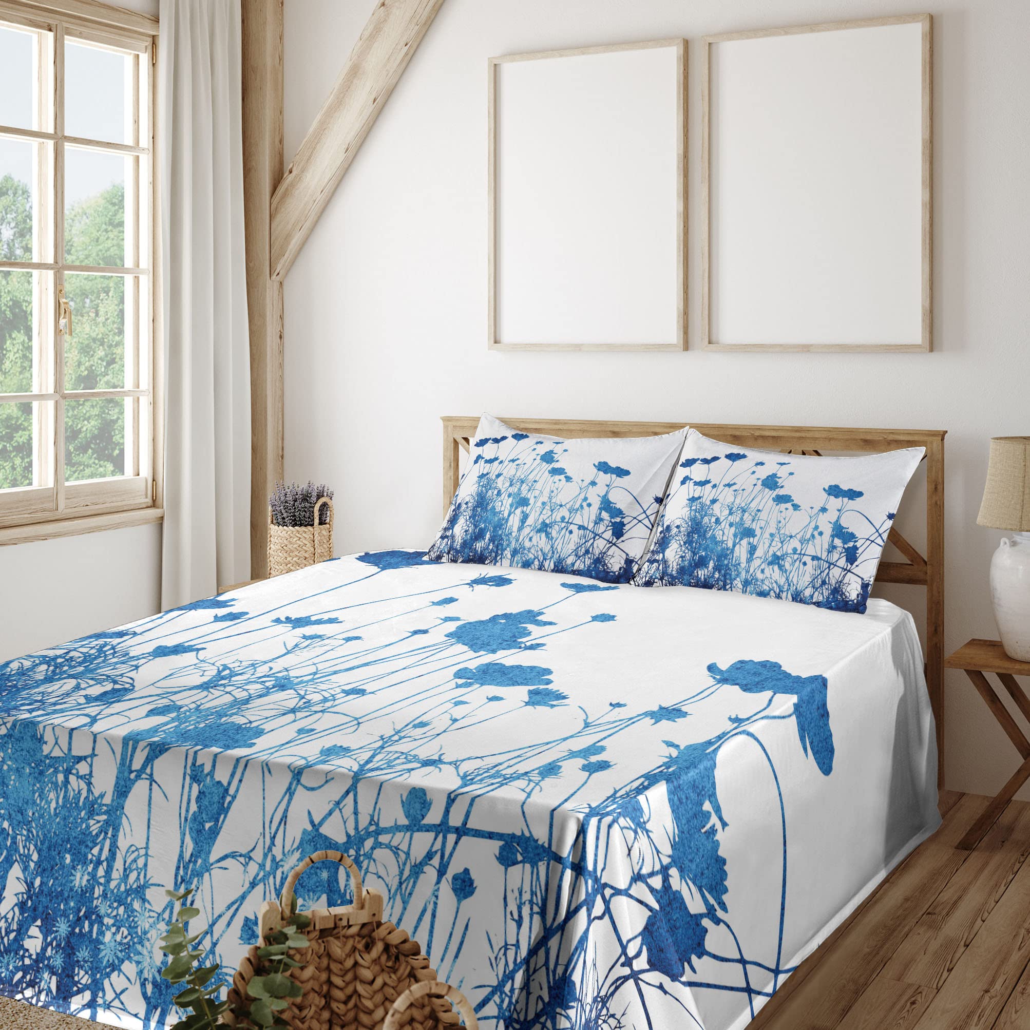 Ambesonne Abstract Floral Sheet Set - King Size 4 Piece Bedding with Wildflower Garden Design, Fitted & Flat Sheets + Pillowcases - White & Blue Botanical Print | Perfect for Master Bedrooms, Guest Rooms & Summer Home Decor