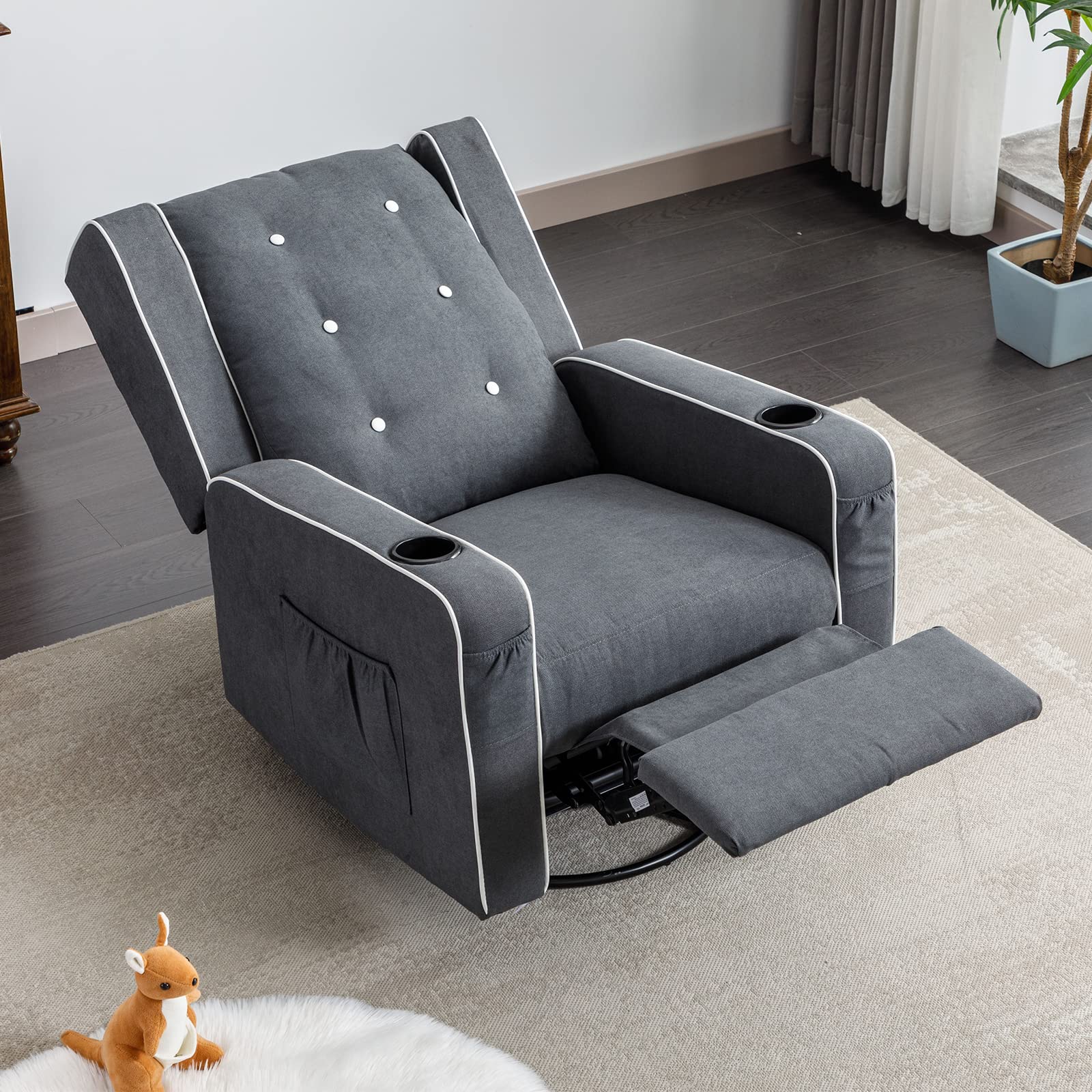 Swivel Rocker Recliner Chair - Upholstered Nursery Glider with Cup Holders | Manual Reclining Rocking Chair for Baby Room, Living Room & Bedroom | Perfect for Nursing, Relaxing & Reading