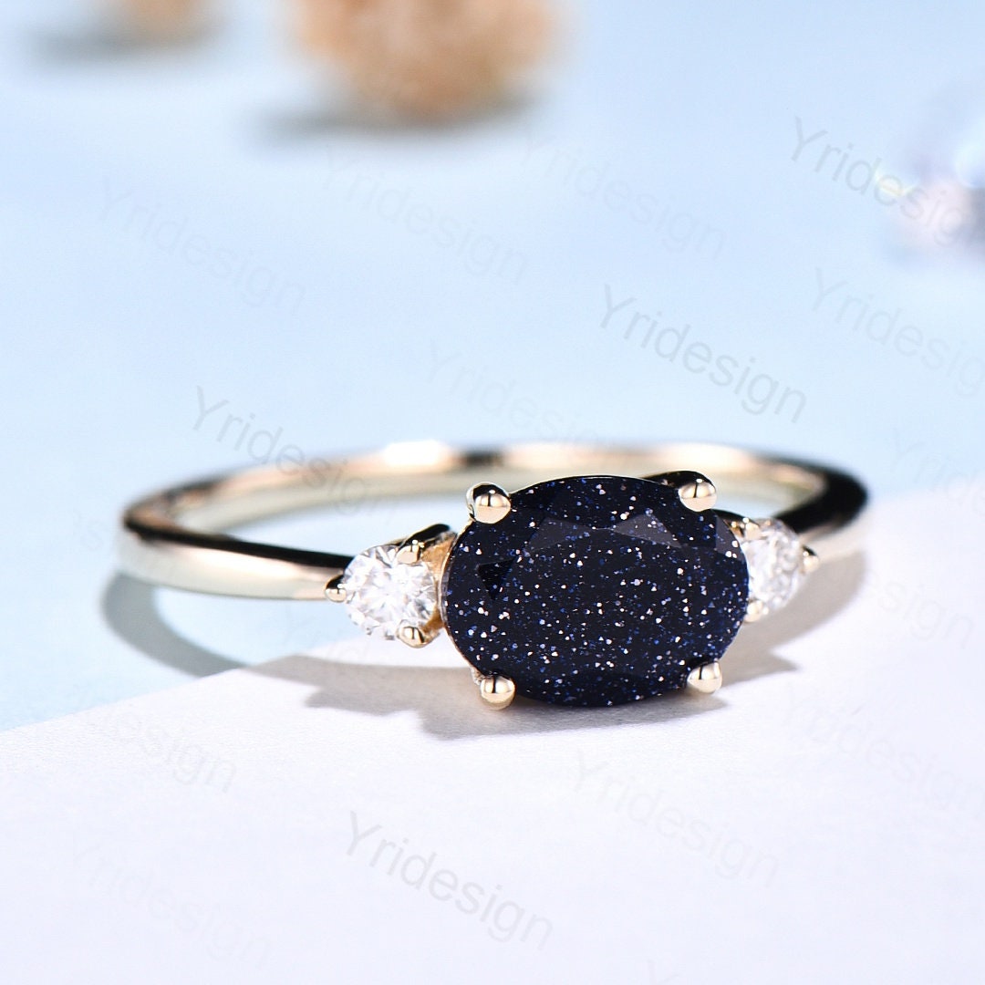 Blue Sandstone Ring for Women - Oval Galaxy Engagement Ring with Three Stones in Rose Gold | Bridal Promise Ring, Cute Starry Design for Weddings & Anniversaries
