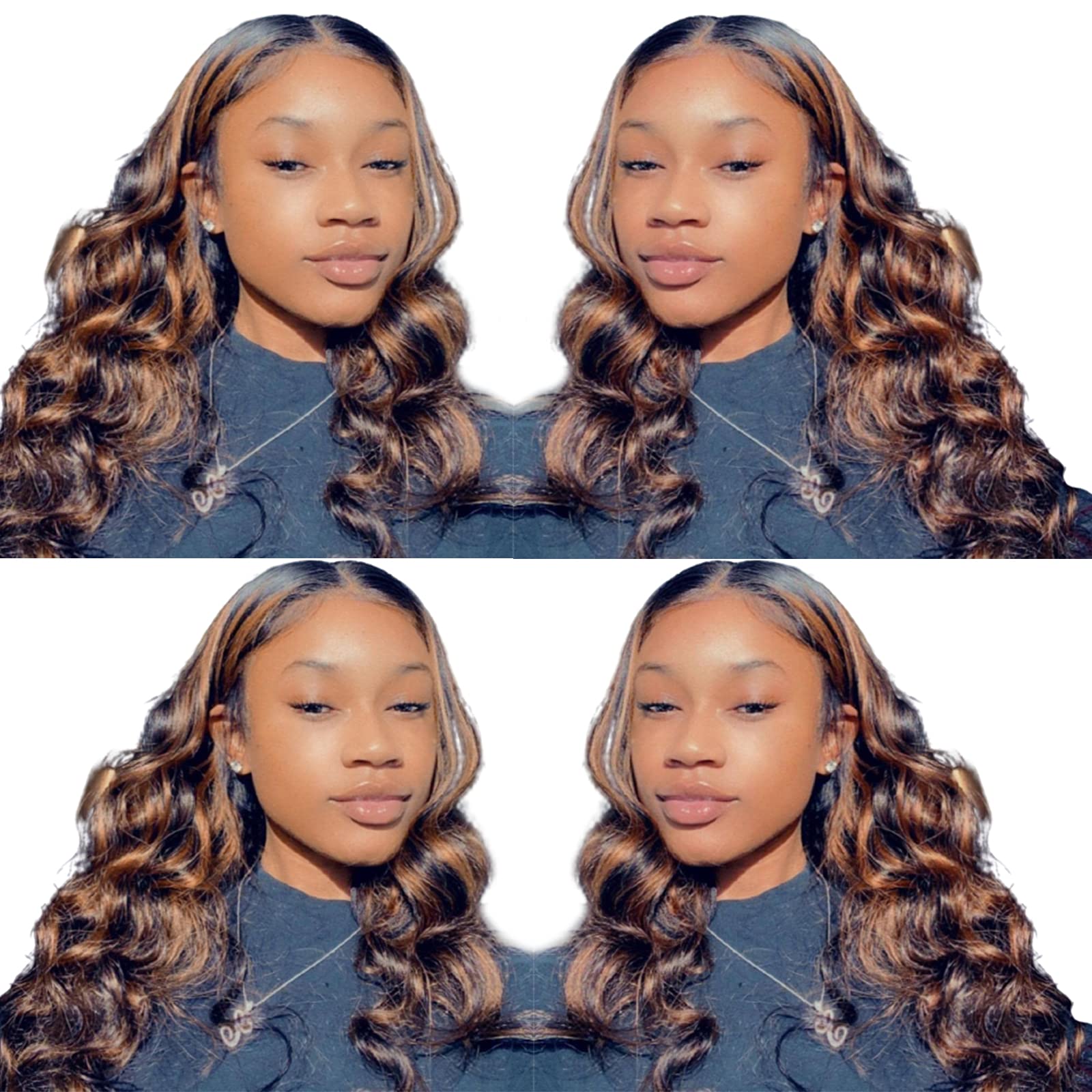 14 Inch T-Part Curly Human Hair Wig - Black & Brown Highlight Lace Front Wig with Baby Hair | Brazilian Virgin Hair, Loose Wave Balayage | Natural Look for Black Women | Perfect for Daily Wear, Parties & Special Events
