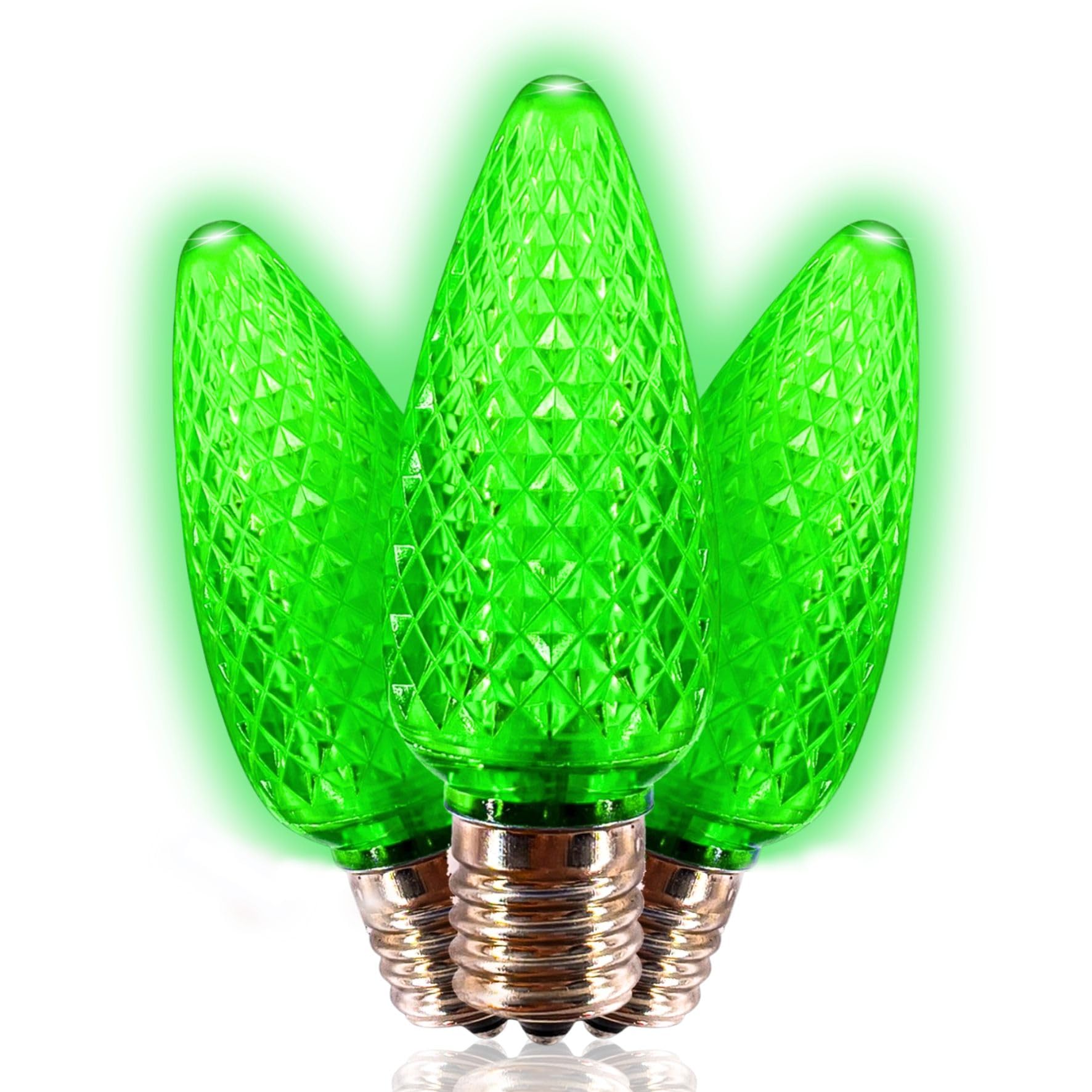 C9 LED Green Christmas Light Bulbs - Pack of 25, Faceted Retrofit Candle Shape, E17 Base, Commercial Grade for Indoor/Outdoor Holiday Decorations - Perfect for Roof Lights, Trees, and Festive Displays
