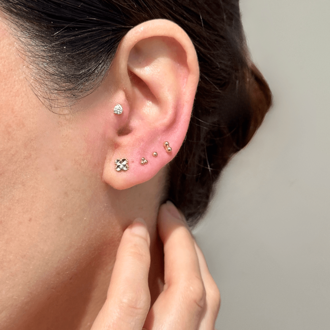 14K Yellow Gold Diamond Cut Clover Stud Earrings - Solid Gold Flat Back Post for Women, Perfect for Everyday Wear & Special Occasions