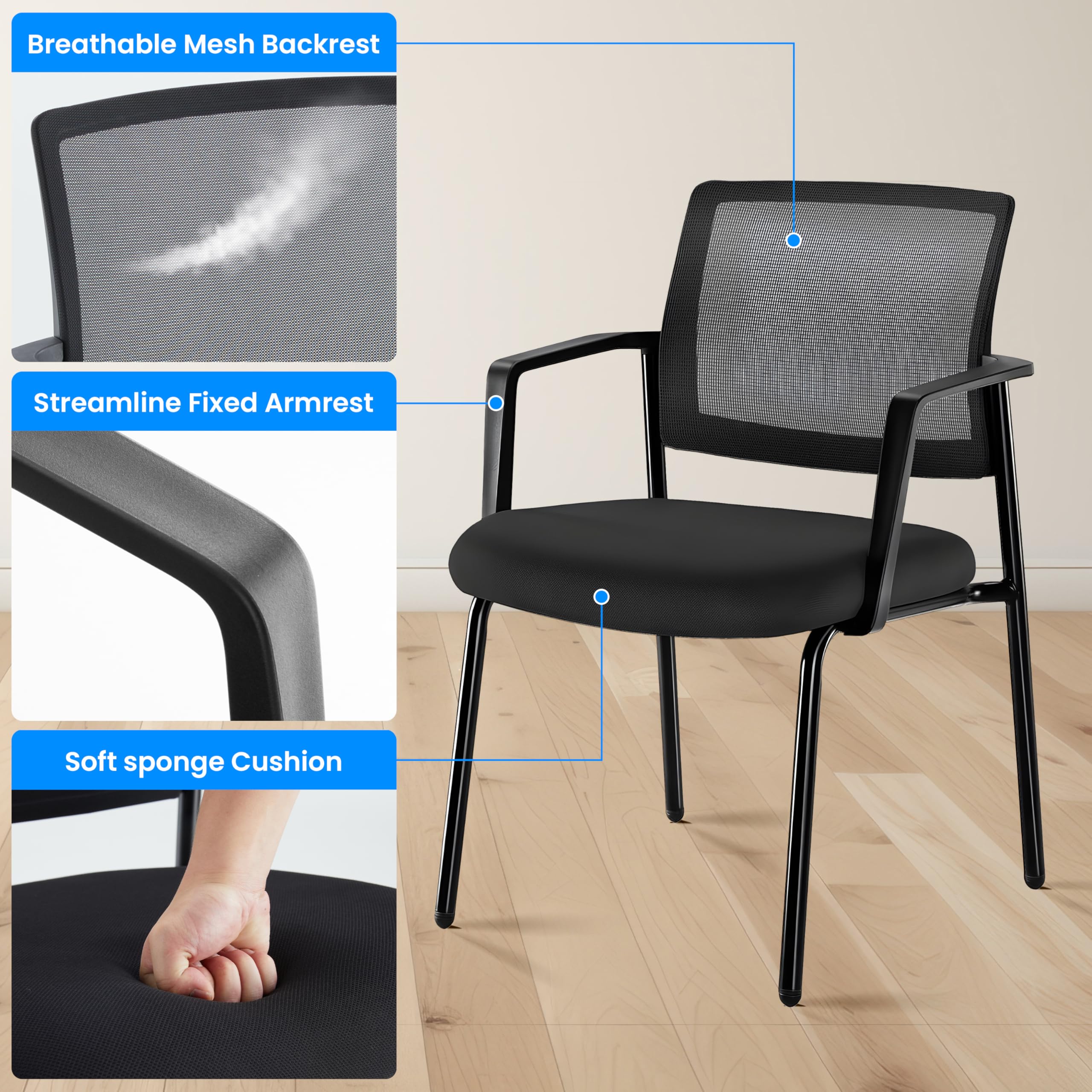 Simple Deluxe 2-Pack Guest Waiting Room Office Arm Chairs - No Wheels, Stackable Fabric Seat with Mesh Back & Ergonomic Support for Reception, Meeting, Conference, Lobby, Home Office & Computer Desk Use