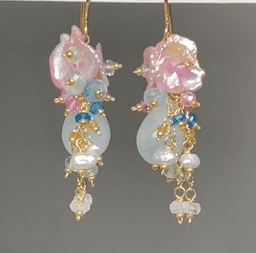 Aquamarine & Pink Keishi Pearl Pastel Gemstone Wedding Earrings – Elegant Bridal Jewelry for Weddings, Prom, and Special Occasions