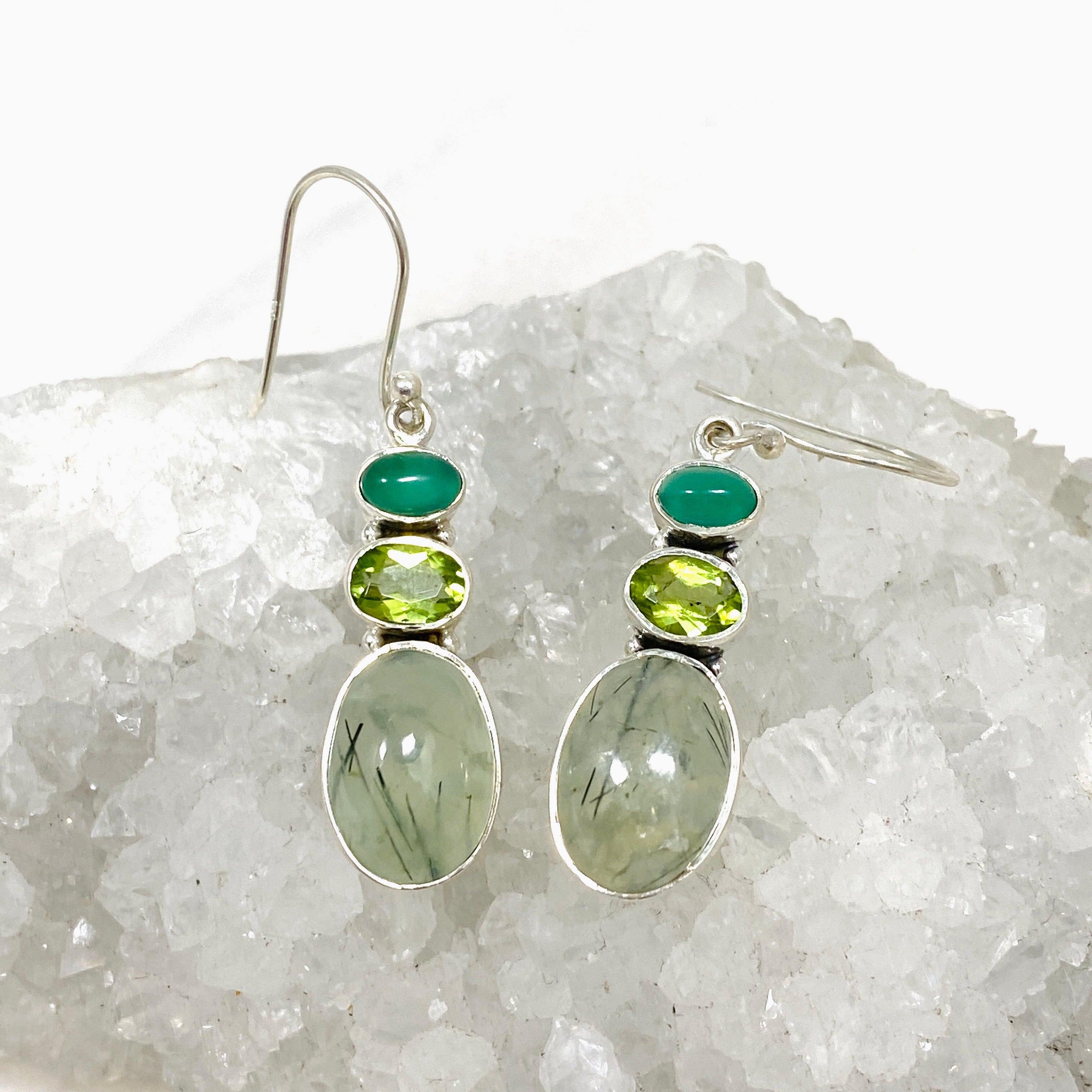 Natural Prehnite Peridot Green Chalcedony Multi-Stone Dangle Earrings for Women | Handmade Bohemian Jewelry | Perfect for Weddings, Parties & Special Occasions