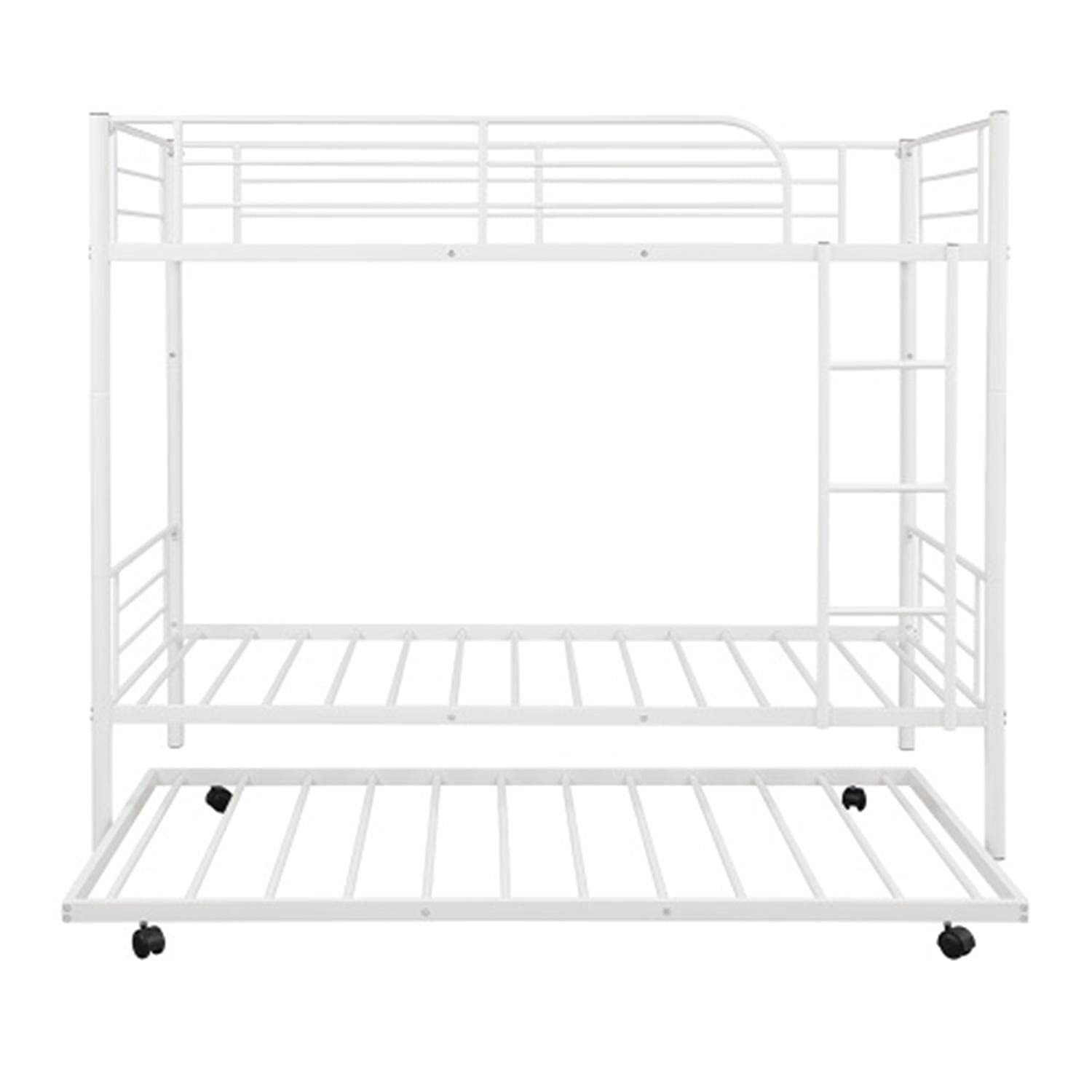 Twin Over Twin Bunk Bed with Trundle - Sturdy Metal Bunk Bed Frame with Ladder & Safety Guardrail for Adults & Teens - No Box Spring Required - Convertible to 2 Separate Beds - White - Perfect for Small Bedrooms, Guest Rooms & Vacation Homes