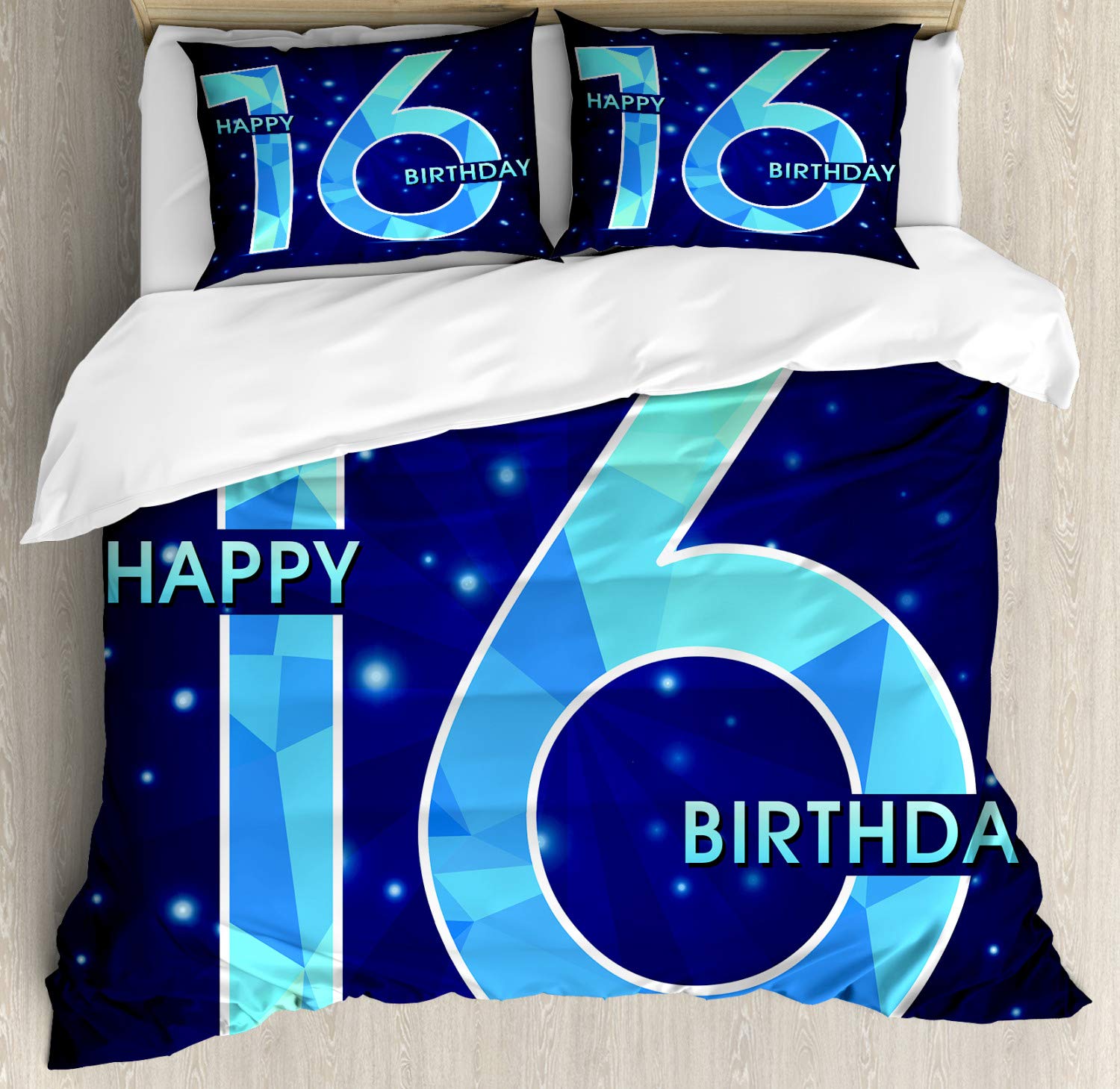Ambesonne 16th Birthday Duvet Cover Set - Joyful Celebration Night Sky Design, 3-Piece California King Bedding with 2 Pillow Shams in Dark & Sky Blue | Perfect for Teen Bedroom Decor, Sweet 16 Party Theme, and Birthday Gift Ideas