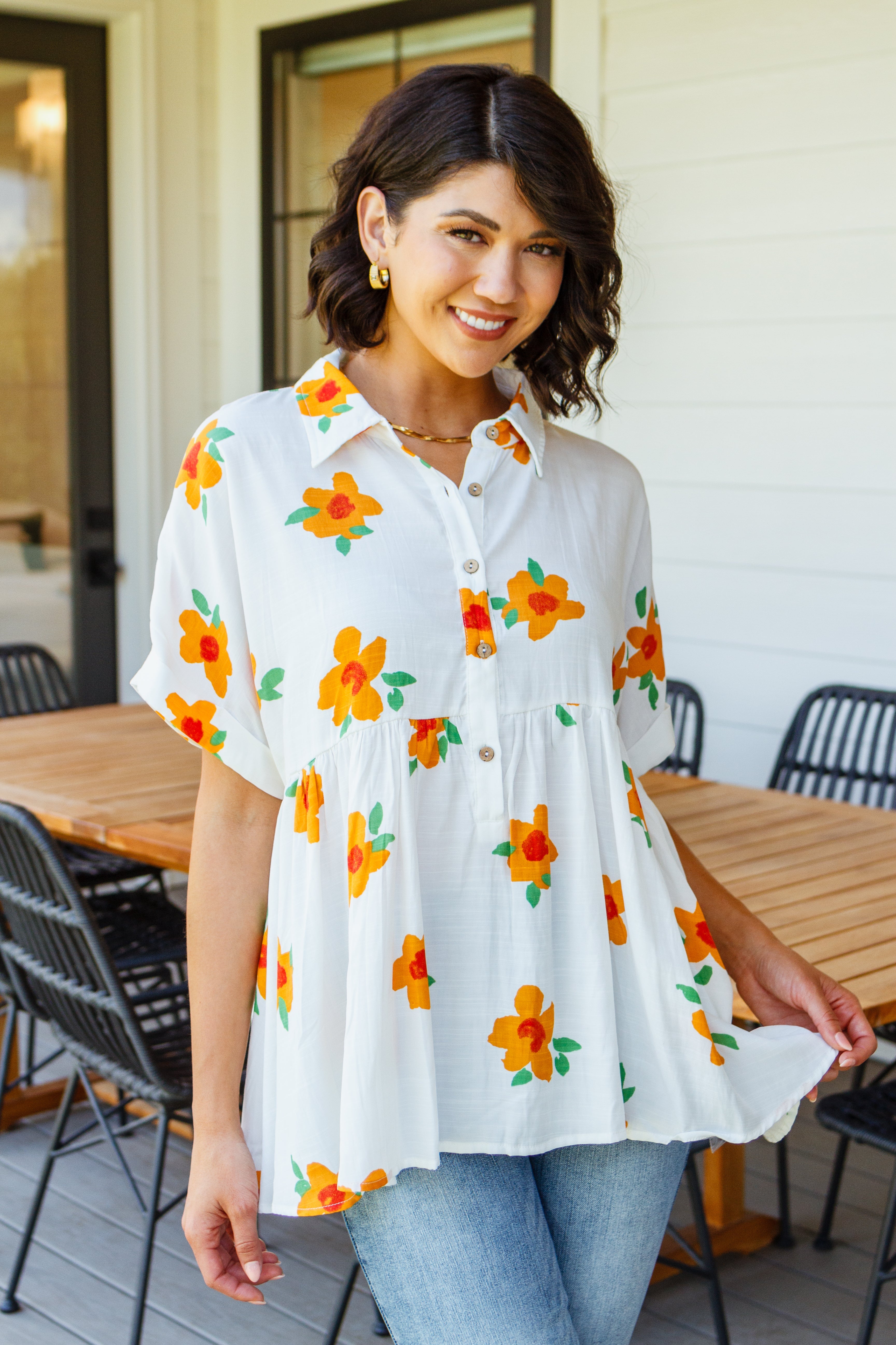 Blissed Out Button Up Babydoll Tunic - Women's Flowy Casual Top for Summer | Perfect for Beach, Date Night & Boho Outfits
