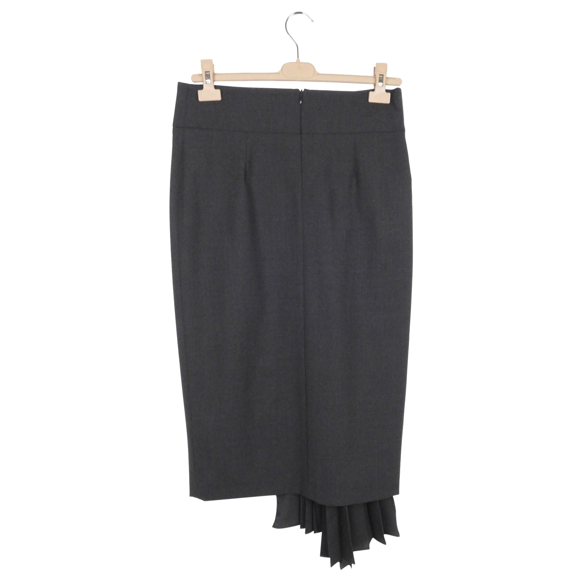 Brunello Cucinelli Grey Wool Asymmetrical Pleated Slit Midi Skirt Size 42 | Women's Luxury Wool Skirt for Office, Party & Fall Winter Fashion