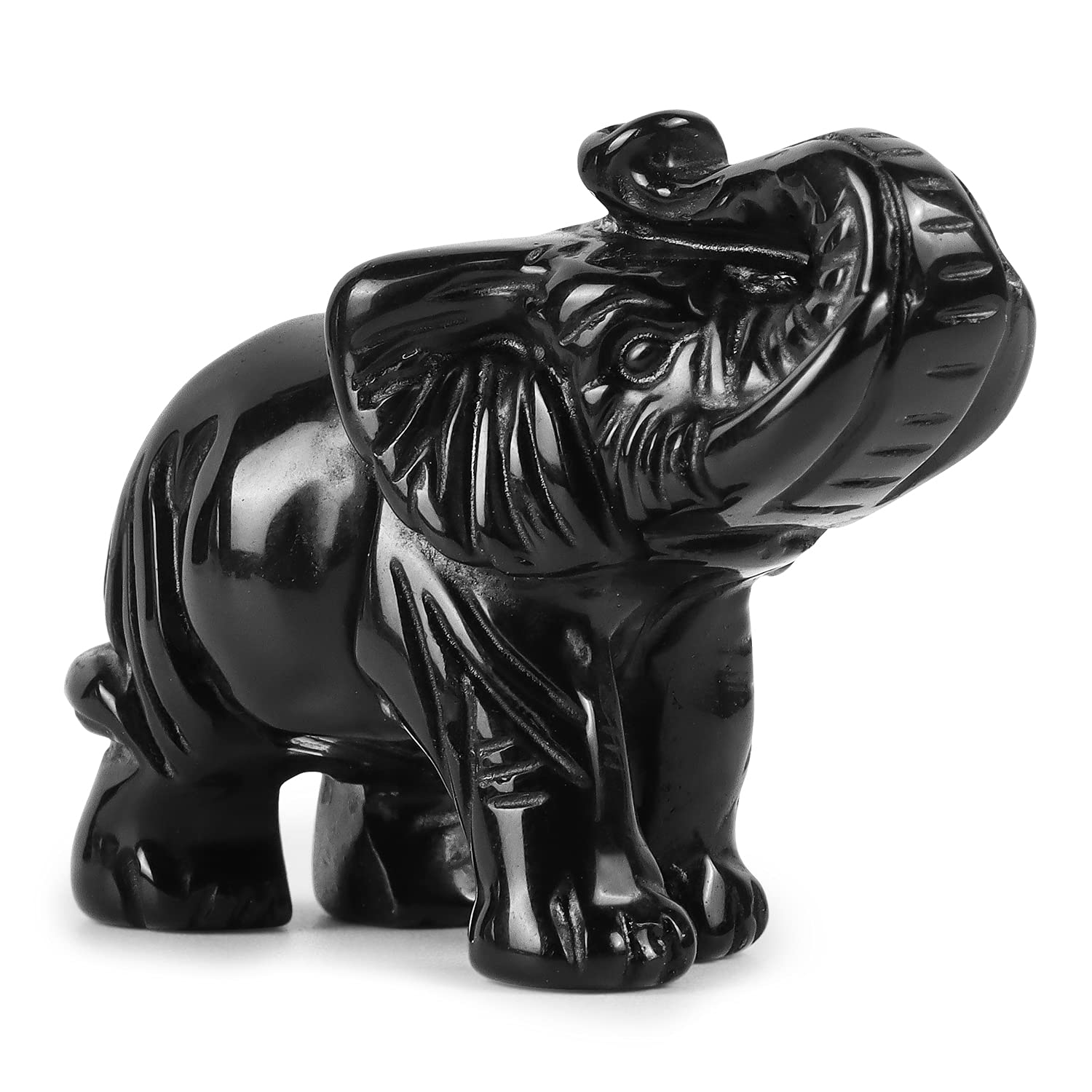 Hand Carved Black Obsidian Crystal Elephant Statue - 2 Inch Gemstone Animal Sculpture for Home & Office Decor, Desk Ornament with Gift Box | Feng Shui Decor, Meditation Space, Yoga Room & Spiritual Gift