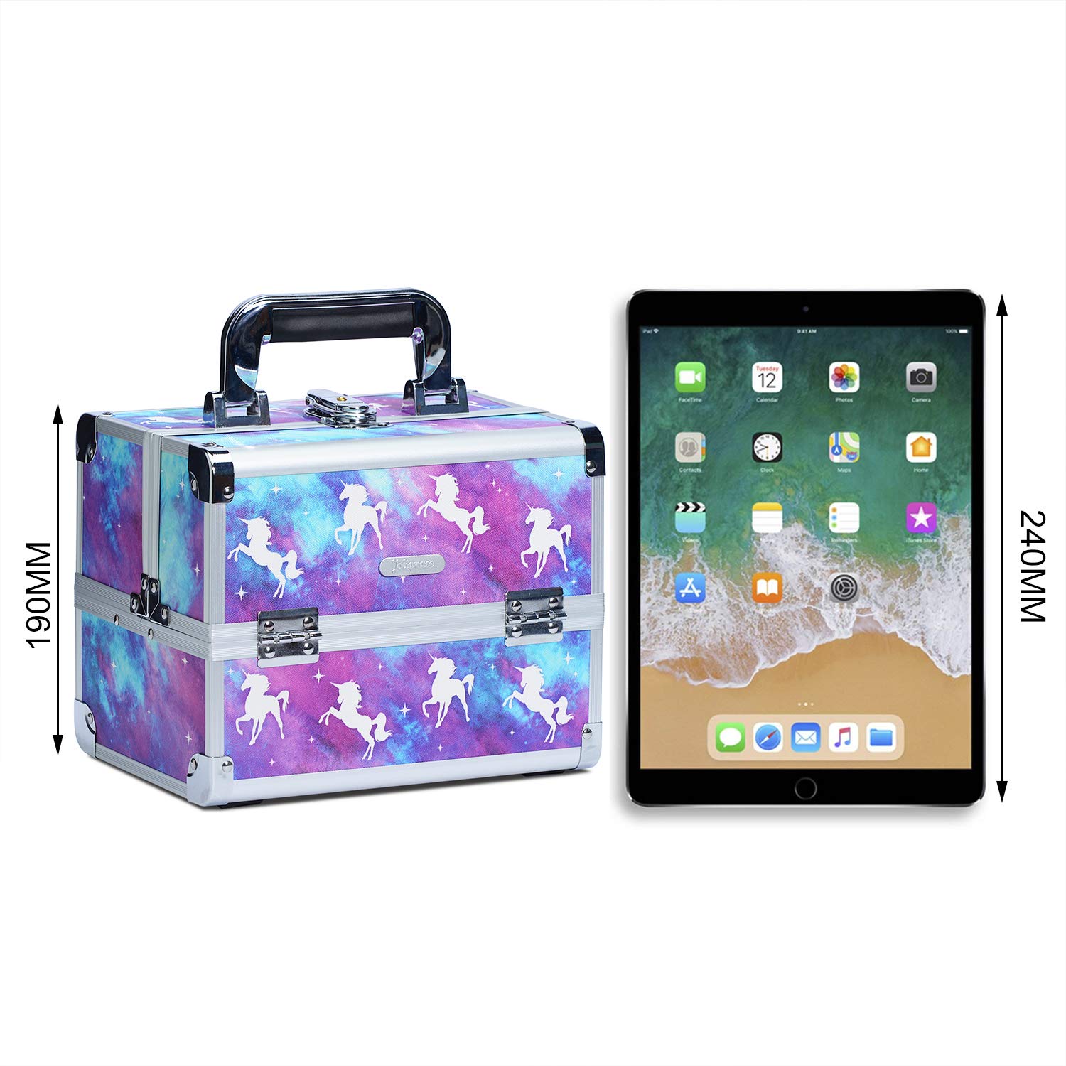 Joligrace Vanity Case Makeup Organizer with 5X Magnifying Mirror - Portable Cosmetic Storage Box for Travel, Home & Salon Use - Purple Unicorn Design Beauty Train Case