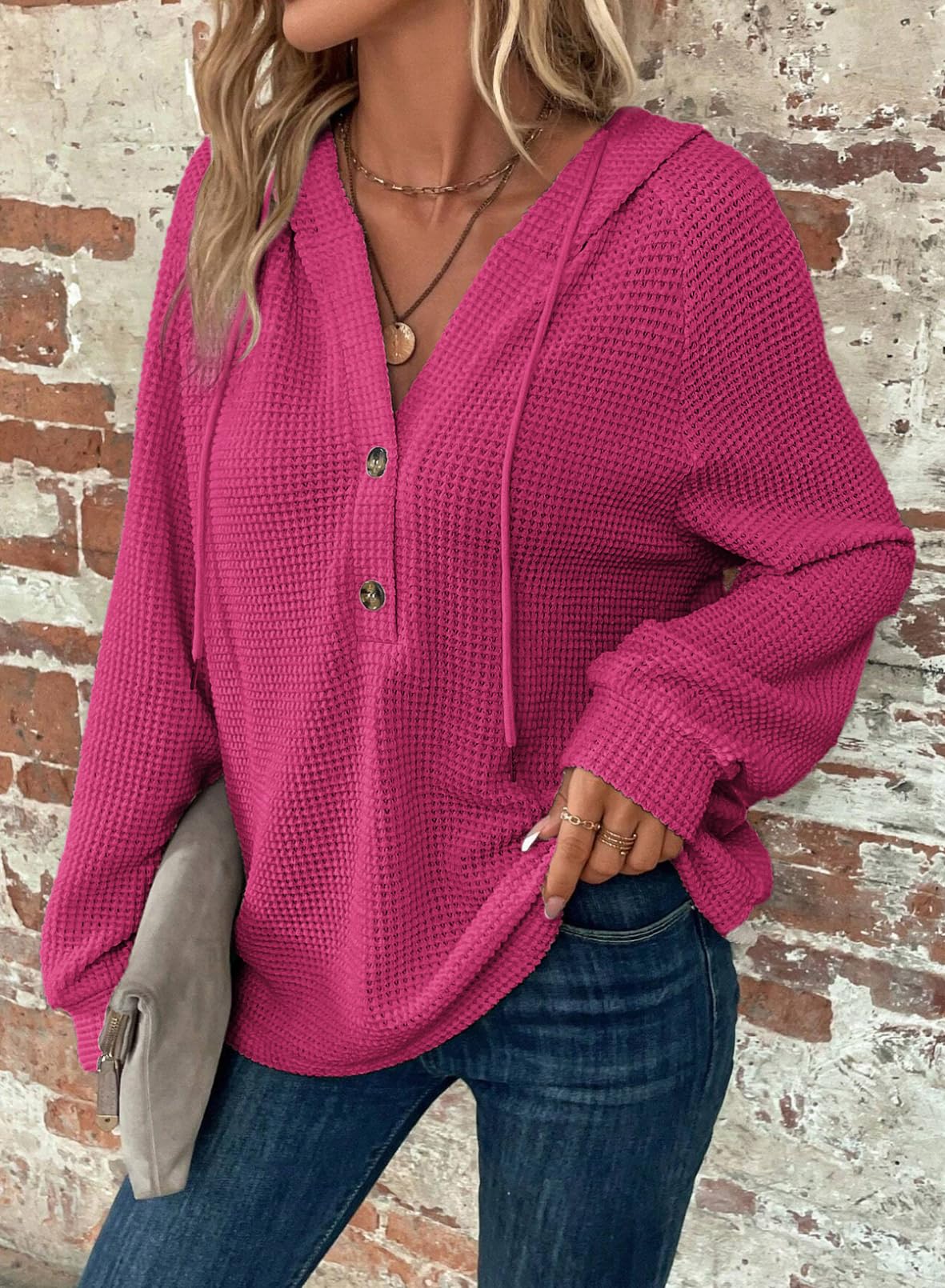 Women's Waffle Knit Hoodie - Long Sleeve Drawstring Button V-Neck Casual Pullover Sweatshirt | Perfect for Fall Layering, Lounge Wear & Outdoor Activities