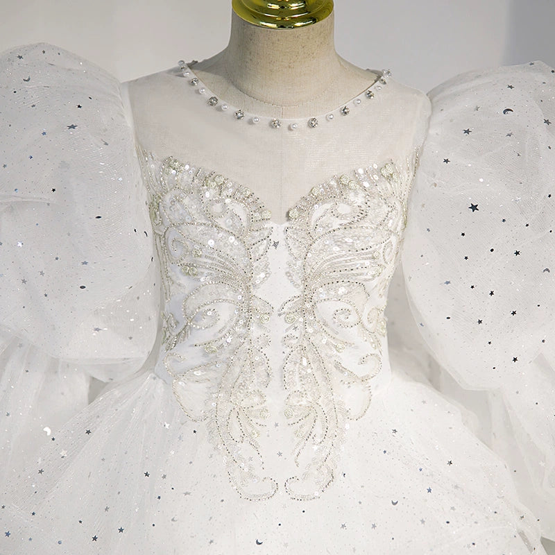 Princess Round Floor Length Tulle Flower Girl Dress in White - Perfect for Weddings, Baptisms & Special Occasions