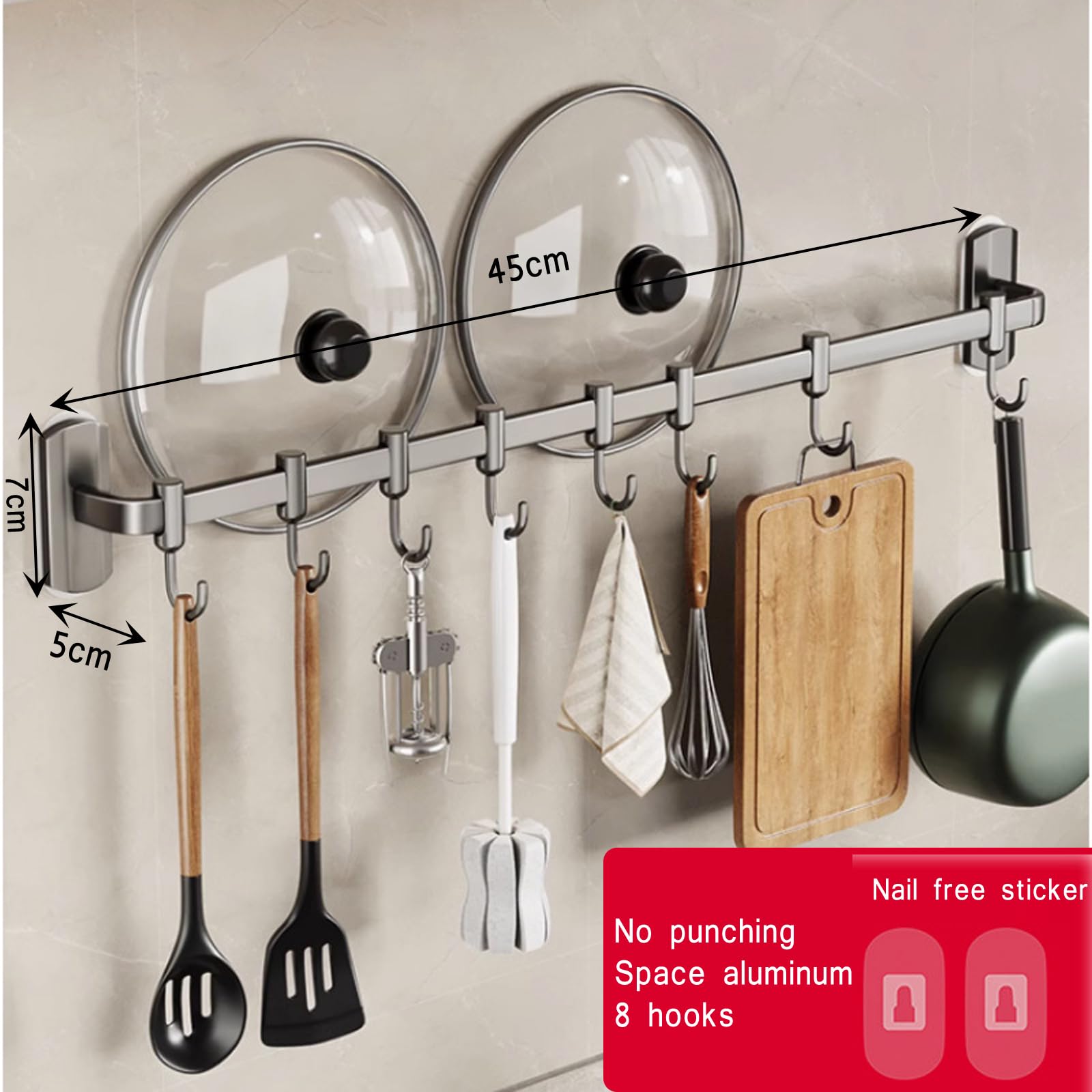 8 Adjustable Aluminum Kitchen Hooks Rail - Modern Minimalist Wall Mount Utensil Organizer (45cm, Grey) - Perfect for Small Kitchens, Pantries & Bathroom Storage