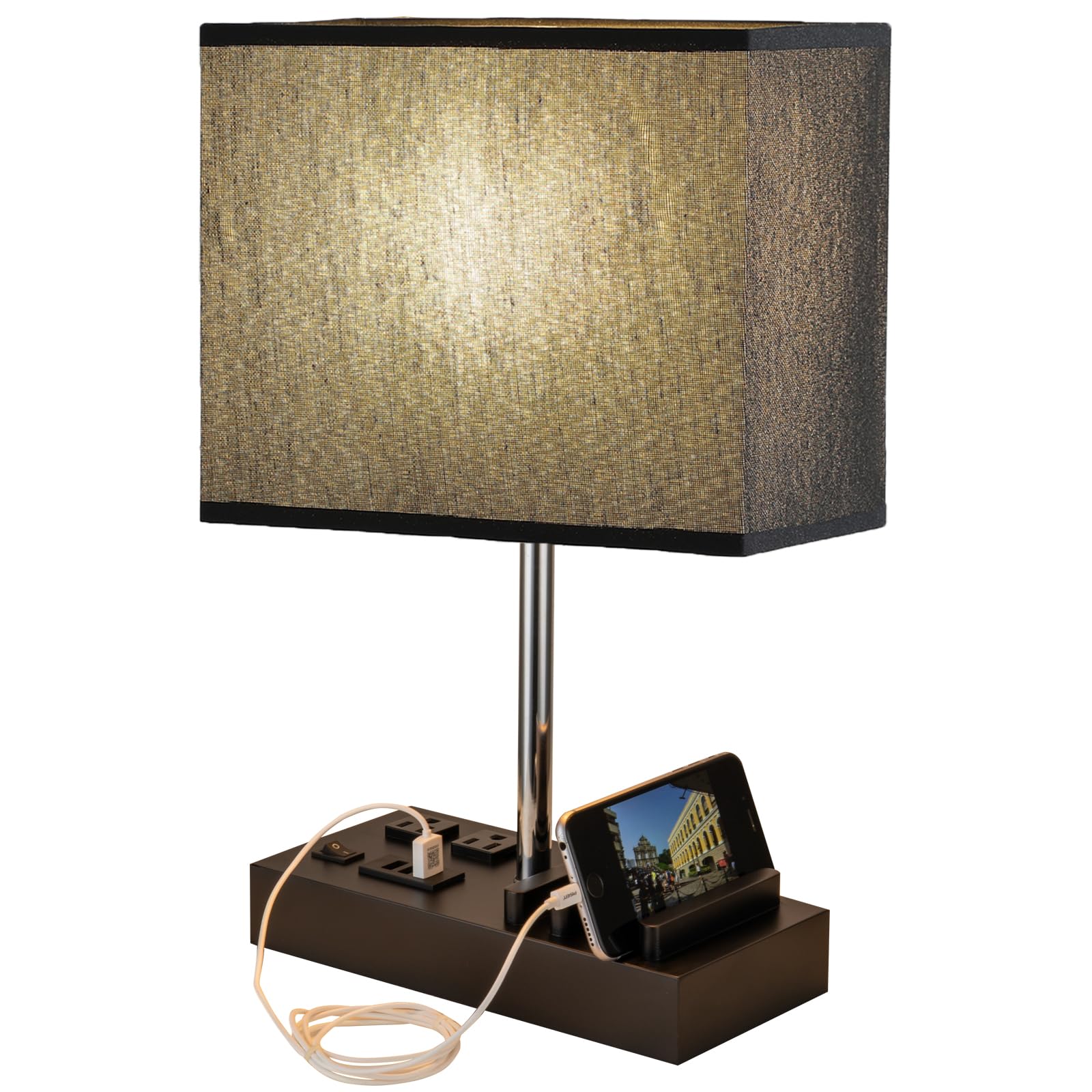 Briever USB Table Lamp with 2 AC Outlets & 3 USB Ports - Multi-Functional Bedside Desk Lamp with Wooden Phone Stand - Modern Nightstand Lamp for Bedroom, Office, Dorm - Black Shade (Perfect for Reading, Charging Devices & Organizing Small Spaces)