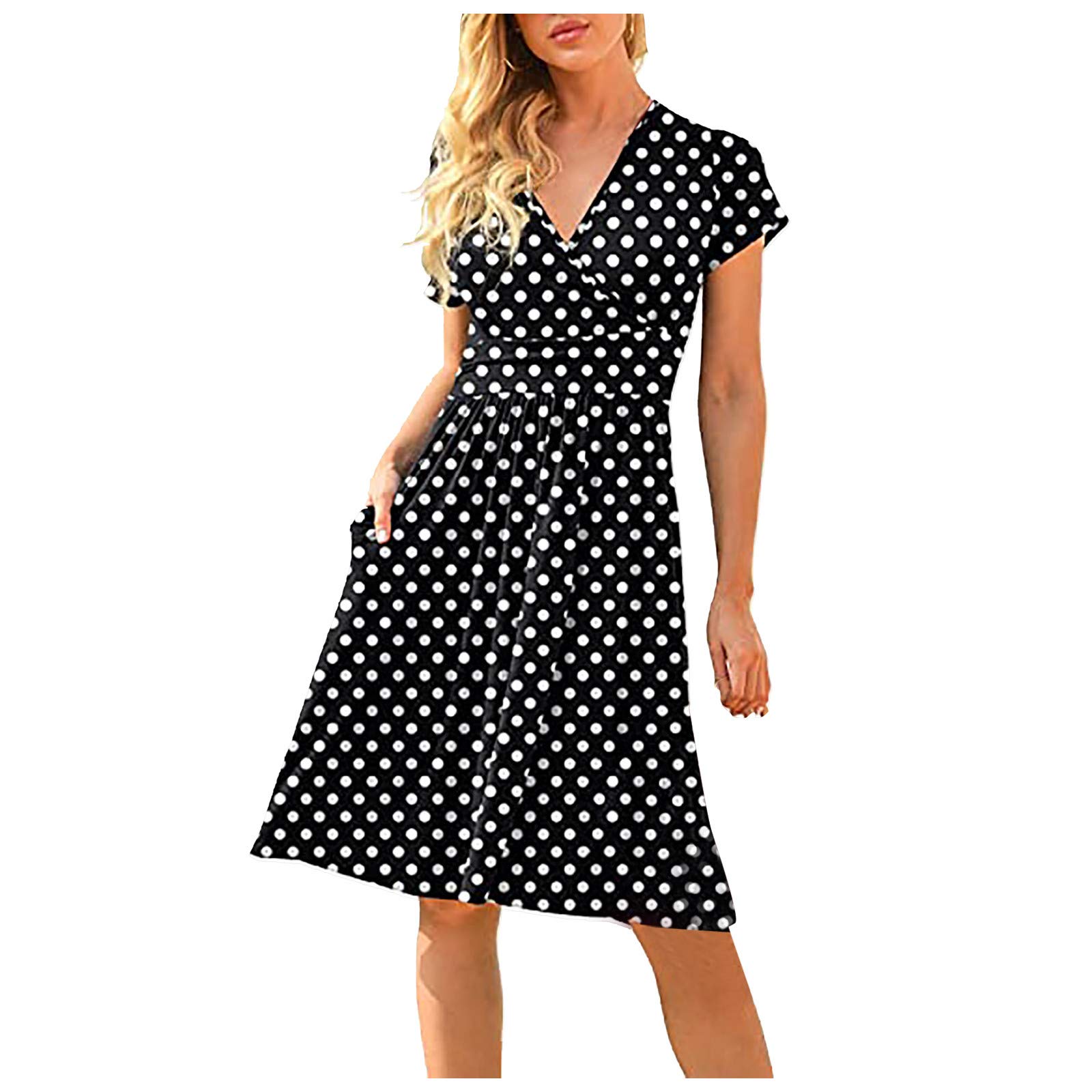 Women's Plain V-Neck Swing Dress - Short Sleeve Casual Summer Flowy Midi Sundress with Pockets | Perfect for Beach, Vacation, and Everyday Wear