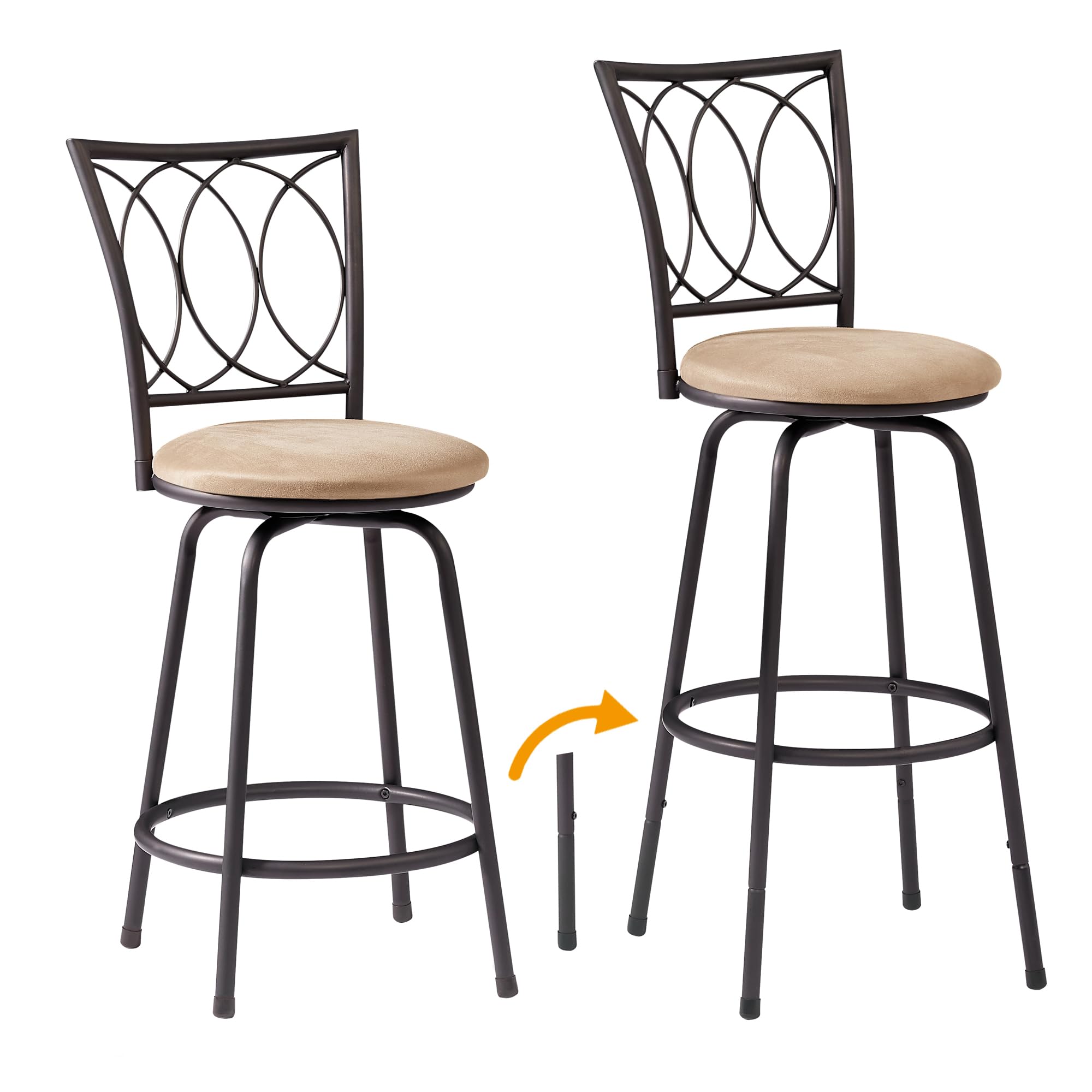 VECELO Adjustable Bar Stools with 360° Swivel Seat & Comfortable Round Cushions - Steel Bistro Pub Chairs for Kitchen Island, Breakfast Nook & Home Bar