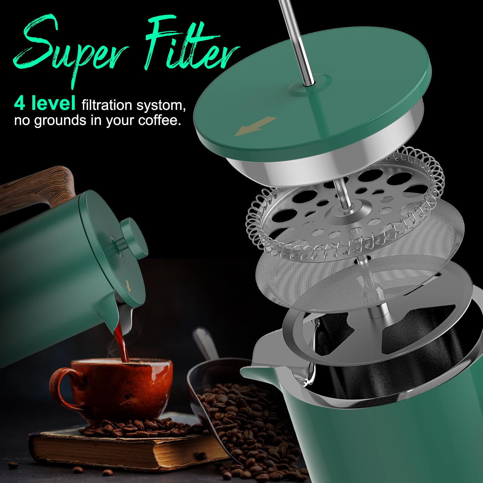 IKAPE 34 OZ French Press Coffee Maker - 304 Stainless Steel Espresso & Tea Brewer with 4-Level Filtration System (Green) | Perfect for Home, Office & Camping Coffee Lovers