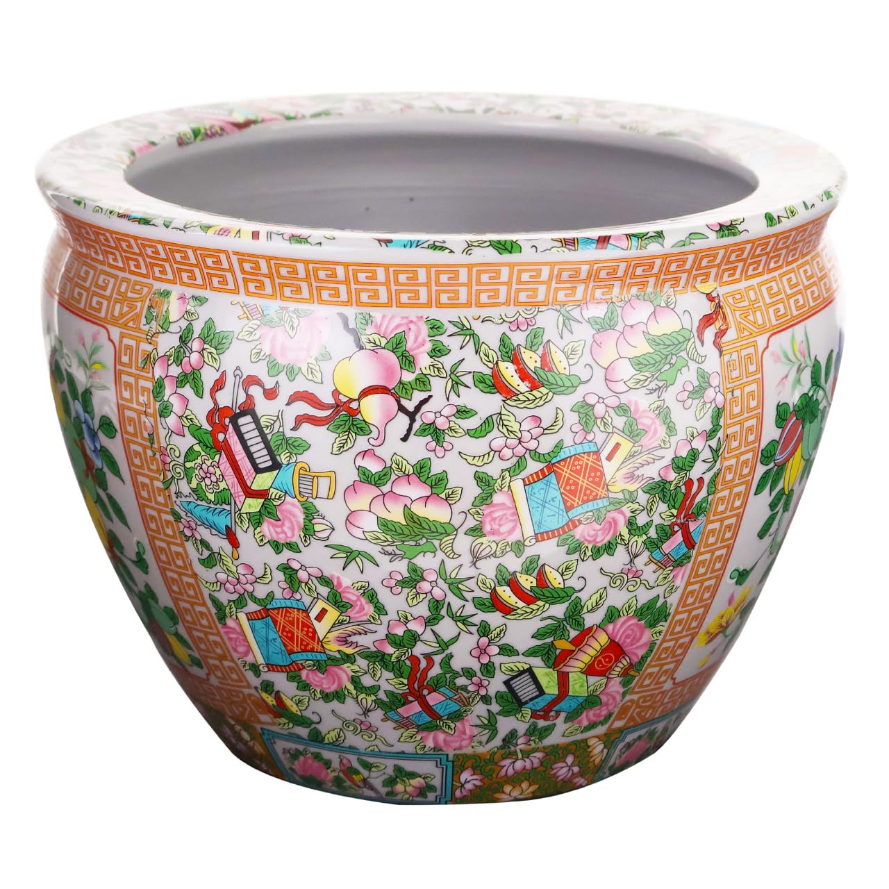 10 Inch Floral Asian Design Cachepot Planter with Rose Medallion Painting - Elegant Flower Pot for Home Decor, Garden, and Office