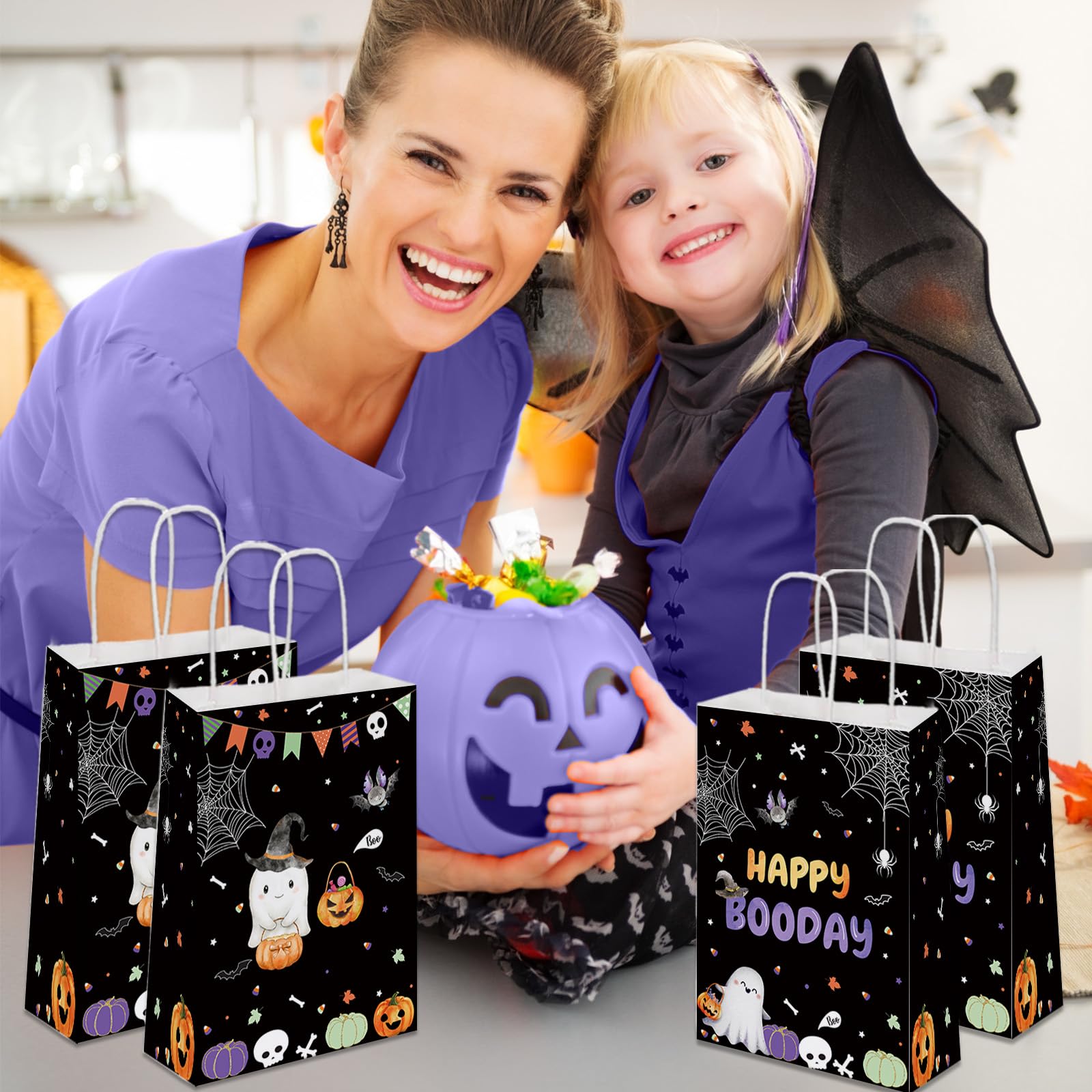 MEHOFOND Halloween Party Favor Bags - 24Pcs Boo Theme Treat Bags with Handles, Ghost & Pumpkin Design Candy Bags for Halloween Birthday Party Favors | Perfect for Trick-or-Treating, Classroom Treats & Spooky Party Decorations