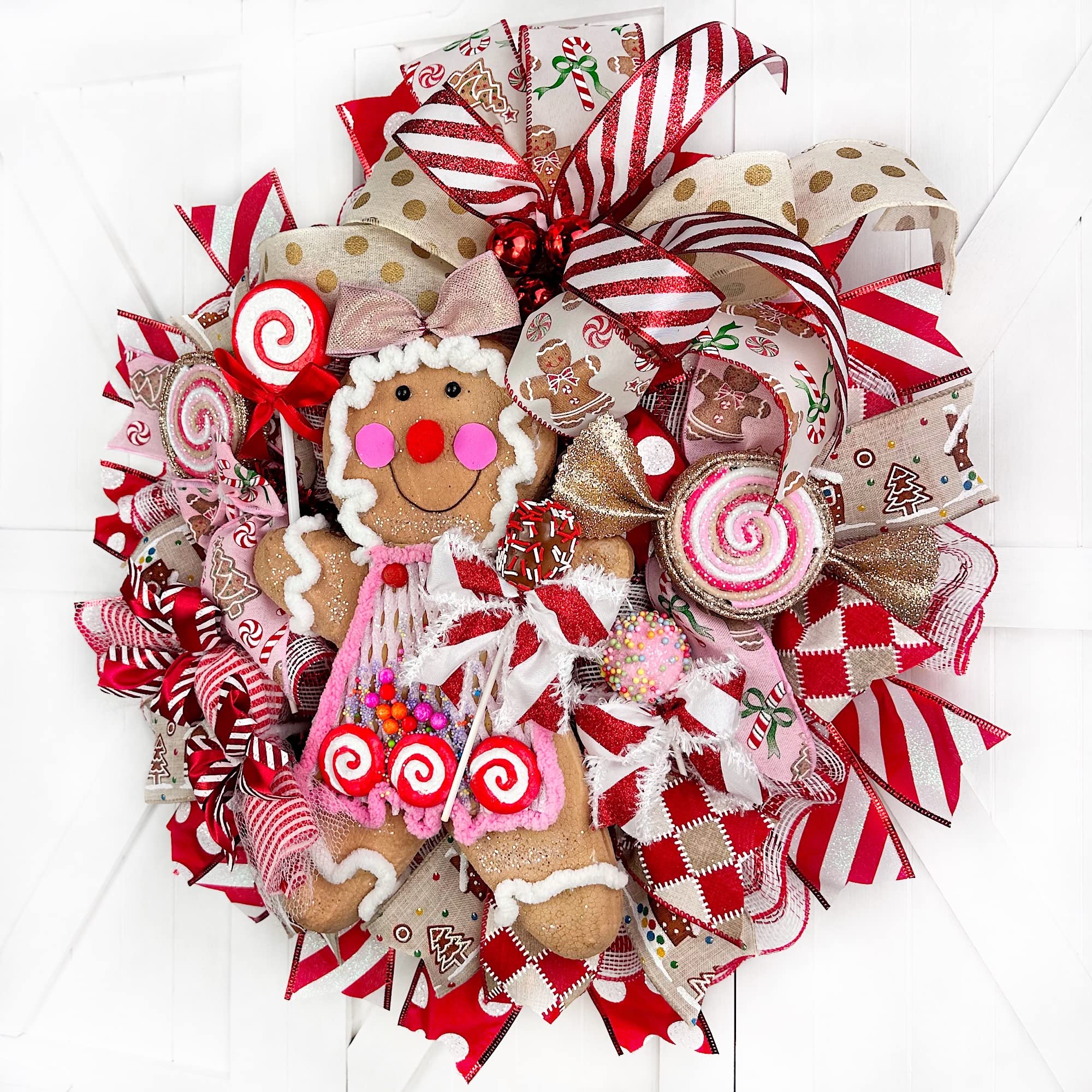 Handmade Gingerbread Sweet Shop Christmas Wreath - Candy Decorations with Lollipop, Peppermint, Pink Cake Pop & Chocolate Marshmallow | Perfect for Holiday Home Decor, Christmas Tree Topper & Festive Party Decoration