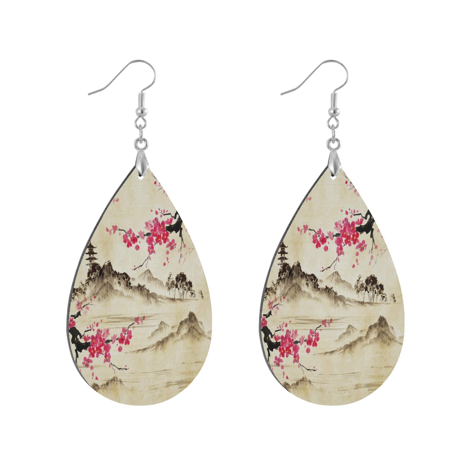 Nander Ink Plum Blossom Wooden Dangle Earrings for Women - Lightweight Teardrop Leaf Earrings Set, Handmade Gift for Girls - Perfect for Weddings, Parties & Boho Fashion