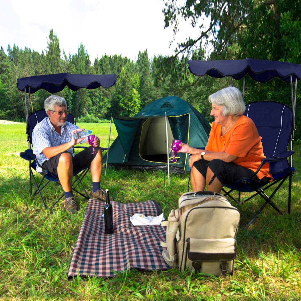 GYMAX Folding Camping Chair with Canopy - Heavy Duty Portable Outdoor Lawn Chair with Carry Bag & Cup Holder - Perfect for Camping, Beach, Picnic, Travel, and Outdoor Events