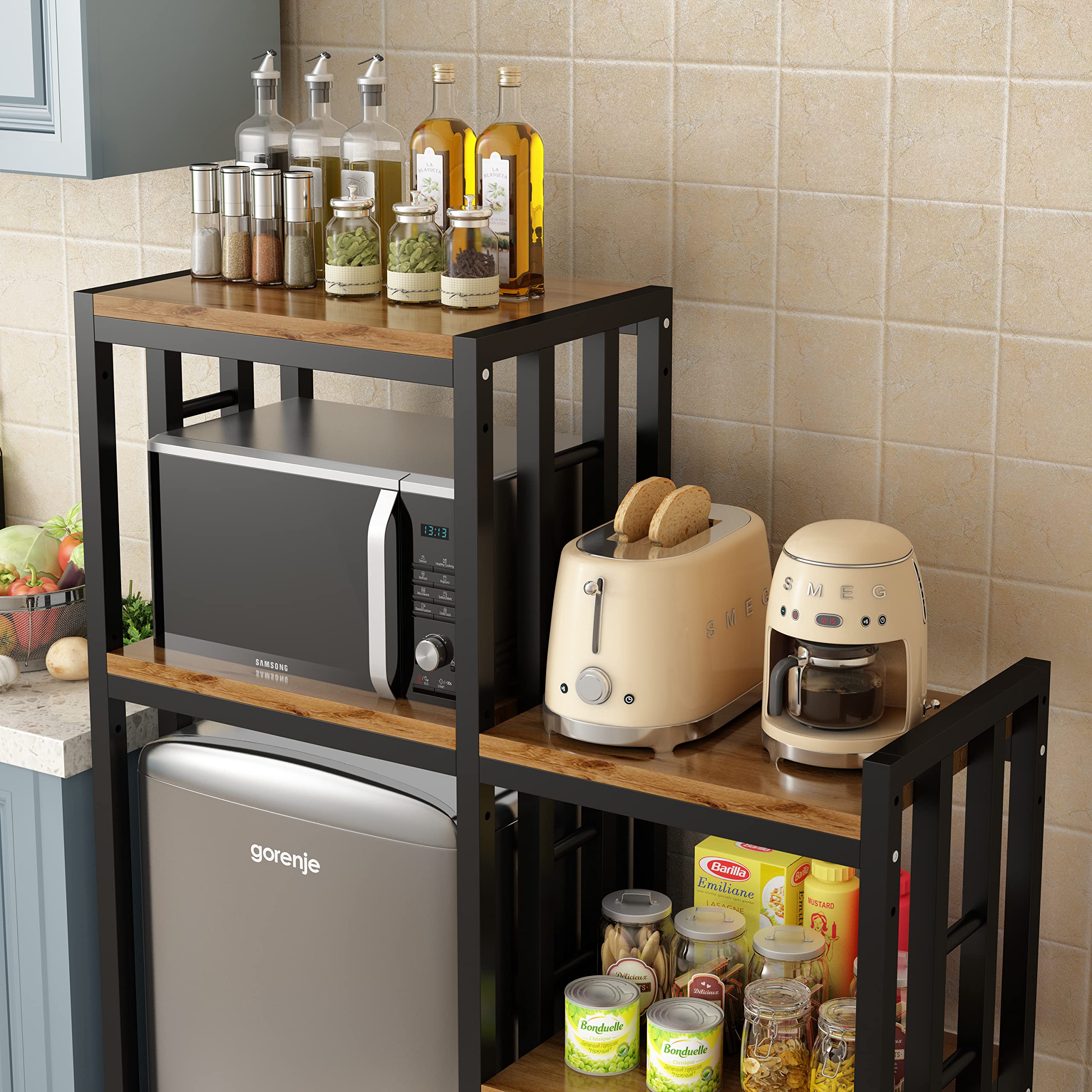 4-Tier + 3-Tier Kitchen Bakers Rack - Rustic Brown Free Standing Storage Shelf Organizer for Spices, Utensils & Microwave - Perfect for Small Kitchens, Pantry Organization & Baking Workstation