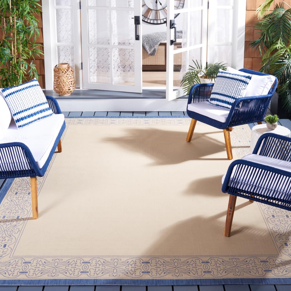 SAFAVIEH Courtyard Collection 9' x 12' Natural & Blue Indoor/Outdoor Area Rug - Non-Shedding, Easy Care & Washable - Perfect for Living Room, Bedroom, Patio, Backyard & Mudroom (CY2099-3101)