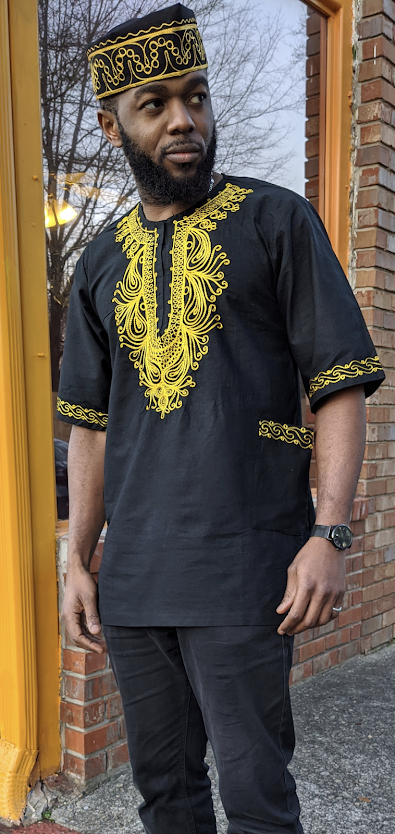 Stylish Black Dashiki with Gold Embroidery - African Print Tunic DP3781M for Men | Perfect for Cultural Events, Weddings & Festive Occasions