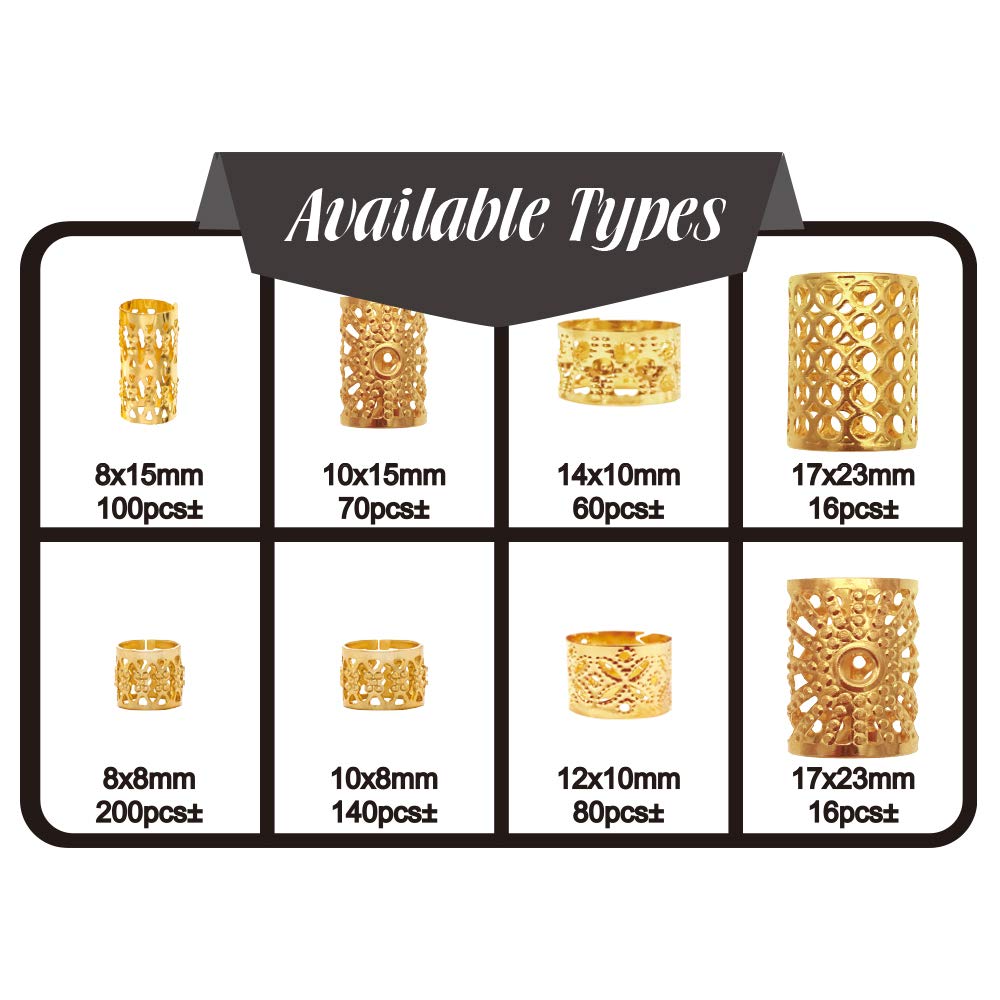 682 Pcs Gold Hair Braid Cuffs & Dreadlock Beads Jewelry Set - Filigree Tube Decorations for DIY Braiding with Storage Box - Perfect for Festival, Cosplay & Boho Hairstyles