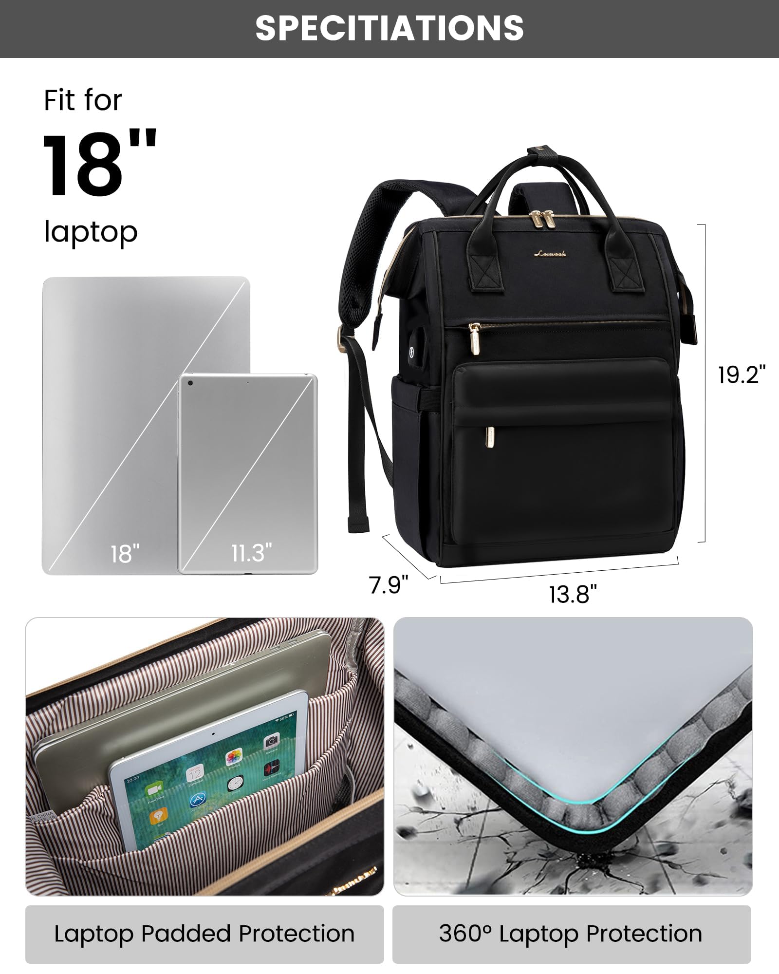 LOVEVOOK Waterproof Laptop Backpack for Women - 18 Inch Work Bag with USB Charging Port, Professional Business Travel Computer Backpack for Teachers, Nurses & Office Workers - Perfect for Commuting, Business Trips & Daily Use