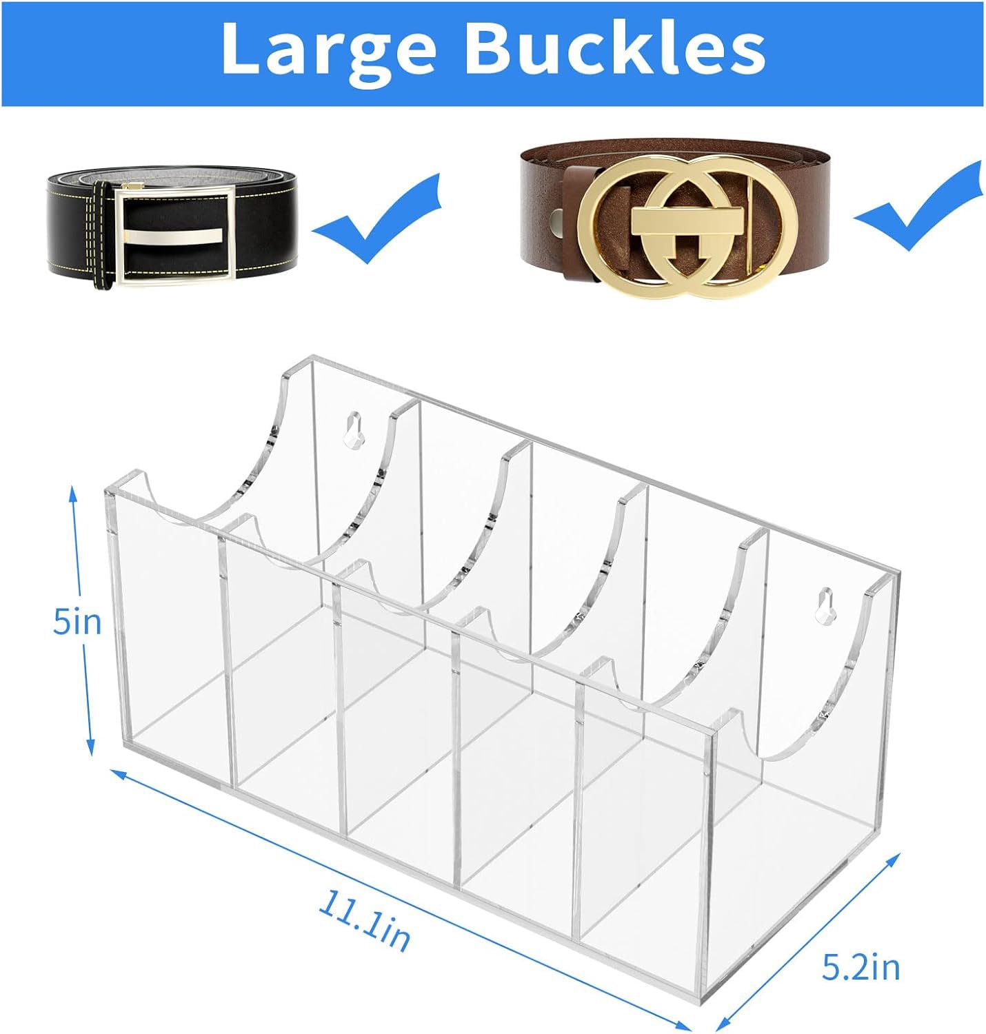 FEMELI Acrylic Belt Organizer - 5 Compartment Clear Storage Holder for Belts, Ties & Bow Ties | Closet & Wardrobe Organization Solution | Perfect for Home, Retail Stores & Travel Accessories