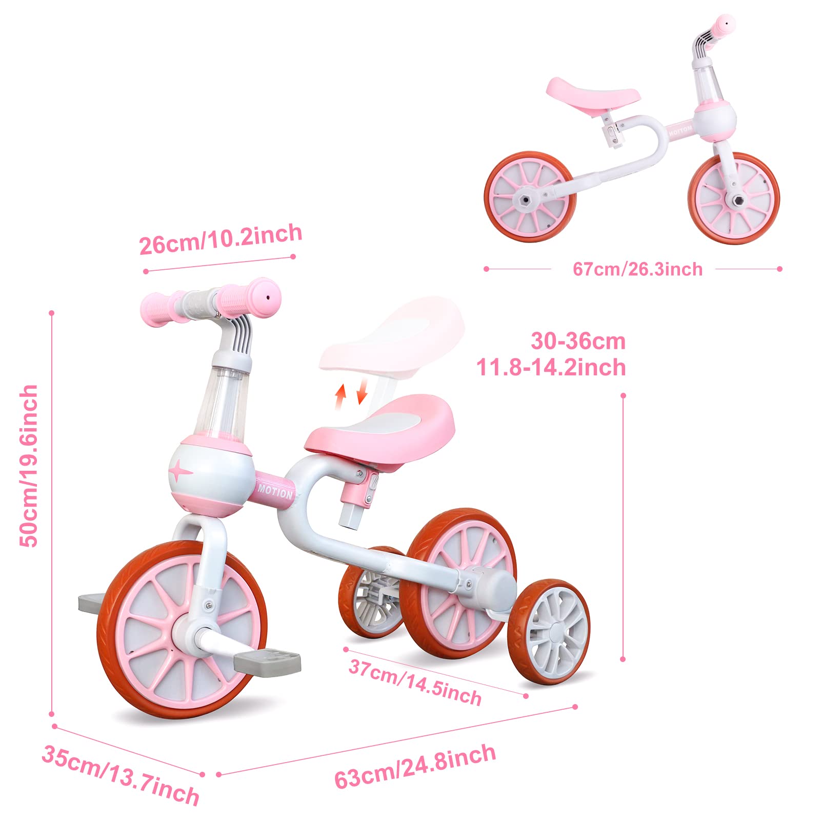 **XiaPia 3-in-1 Toddler Bike for 2-4 Year Olds - Adjustable Seat, Detachable Pedals & Training Wheels - Kids Balance Bike & Tricycle - Perfect for Indoor & Outdoor Play - Ideal Christmas & Birthday Gift (Pink)**