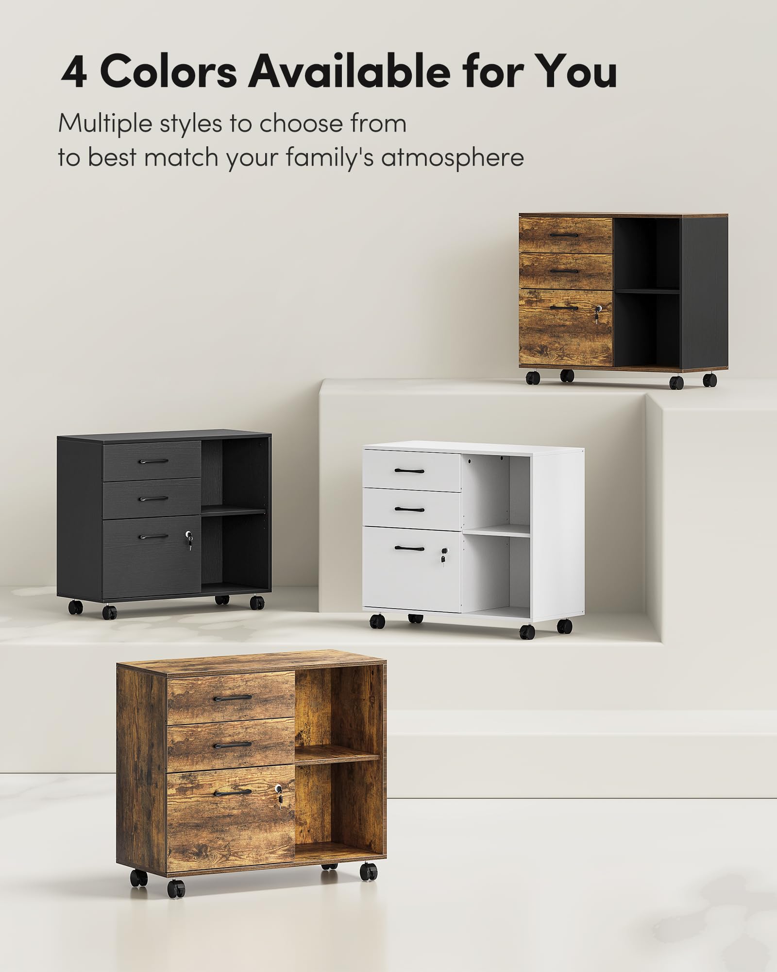 FEZIBO Home Office File Cabinet with Locking Drawers & Open Storage Shelves - Mobile Lateral Filing Cabinet & Printer Stand - White - Perfect for Organizing Documents & Office Supplies in Small Spaces