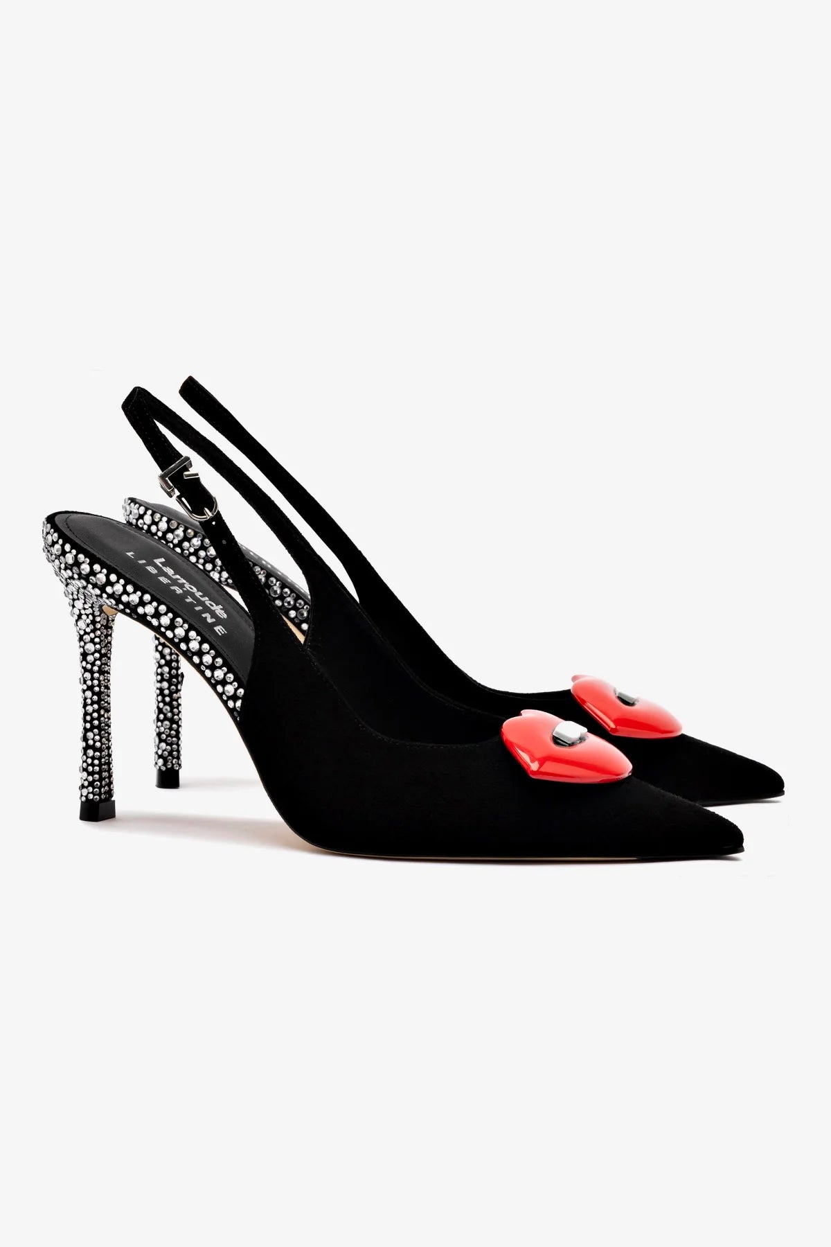 Larroudé x Libertine Lips Pump Hi - Black Suede Crystal Heels for Women | Elegant High Heel Pumps for Parties, Weddings & Special Occasions