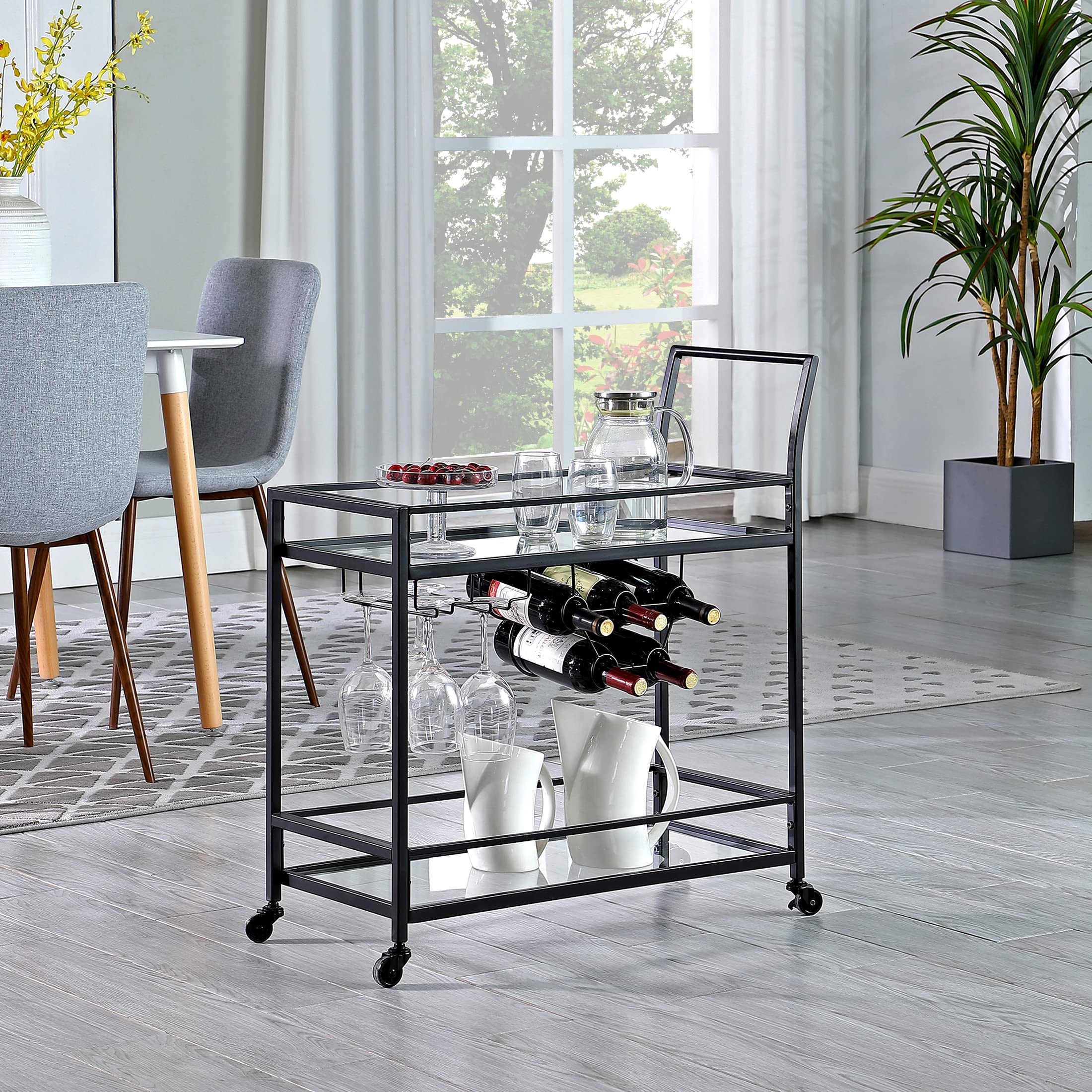 FirsTime & Co. Black Francesca 2-Tier Rolling Bar Cart - Modern Metal & Glass Kitchen Serving Cart with Storage for Wine Glasses - Perfect for Home Bar, Coffee Station, Living Room or Dining Room Entertaining