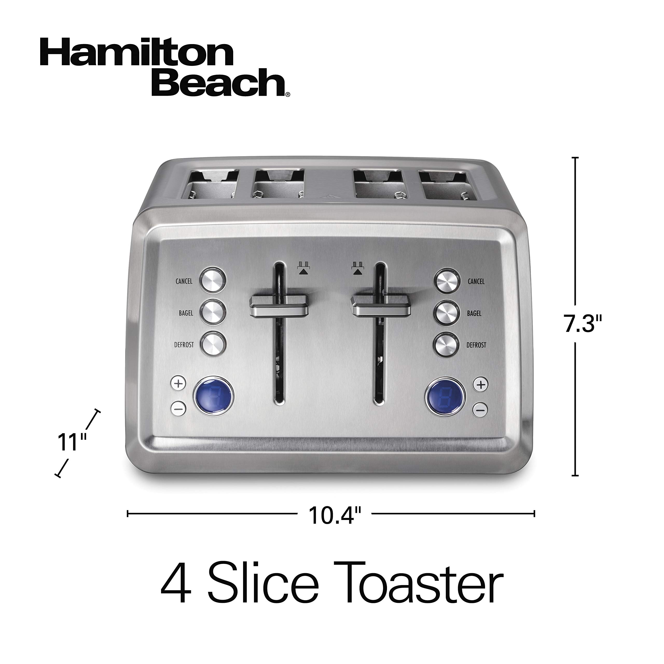 Hamilton Beach 4 Slice Toaster - Extra-Wide Slots, Bagel Setting, Defrost Function - Stainless Steel (24796) - Perfect for Breakfast, Bagels, and Quick Snacks at Home or Office