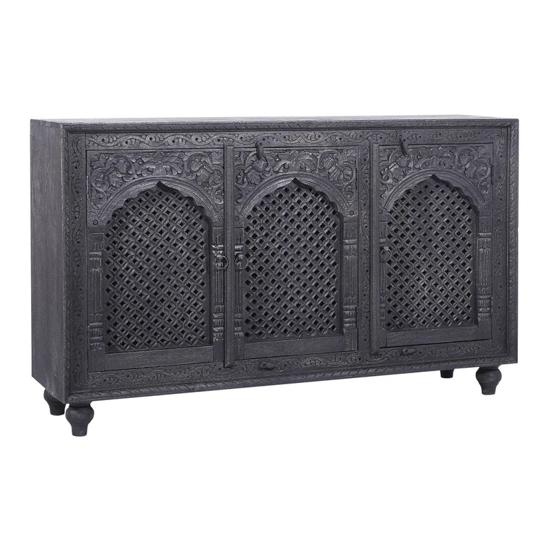 Distressed Black Carved Wooden Sideboard Buffet Table - Rustic Farmhouse Dining Room Storage & Serving Furniture for Home Decor