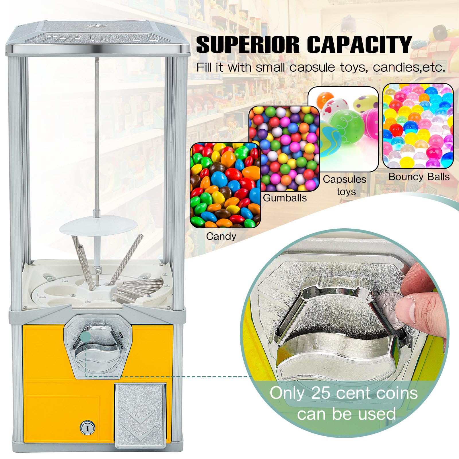 25 Inch Large Commercial Gumball Machine - Toy Capsule Vending Dispenser for 2 Inch Round Capsules, Gumballs & Bouncy Balls - Prize & Candy Machine (Yellow) - Perfect for Arcades, Malls, Restaurants & Retail Stores