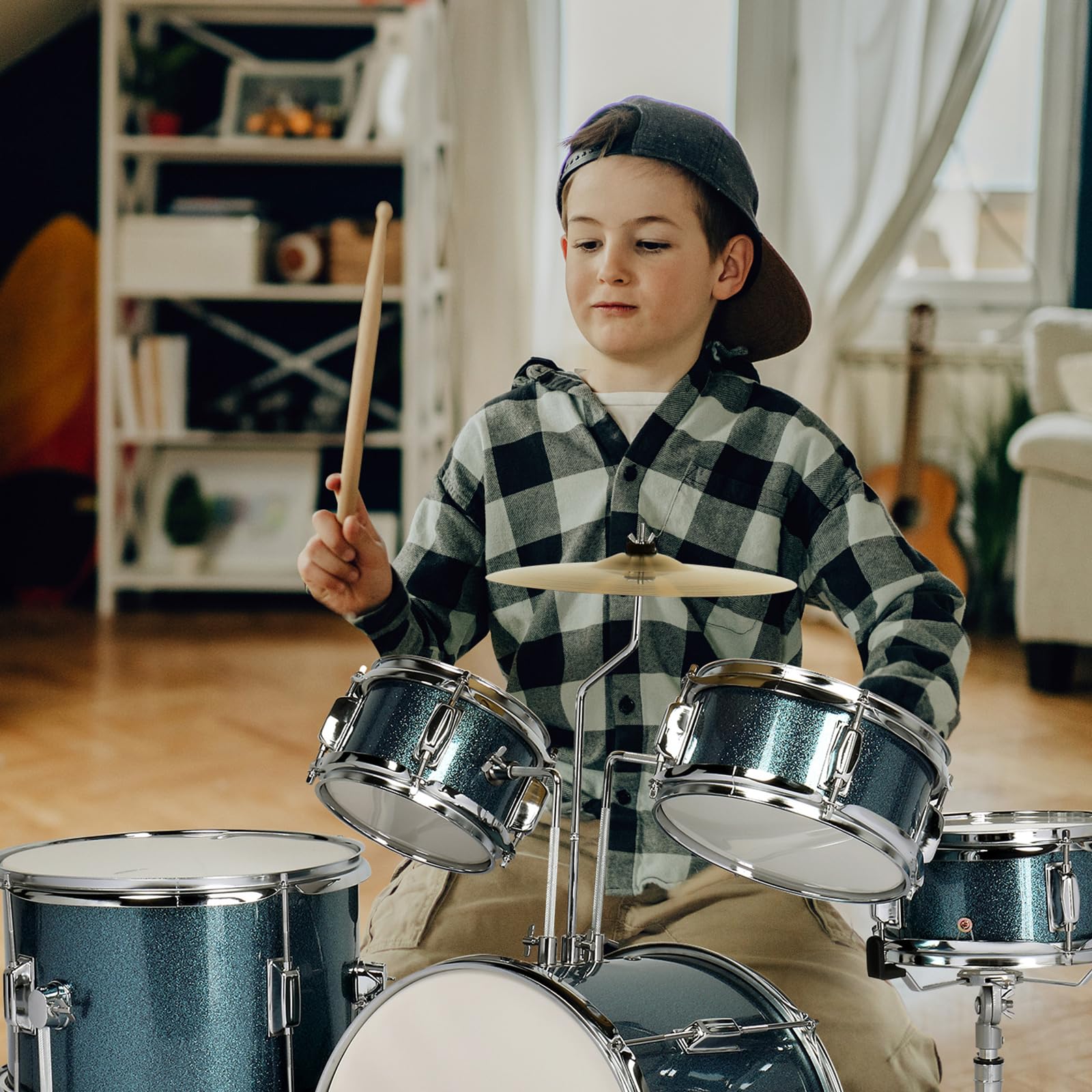 Ktaxon 5-Piece Complete Junior Drum Set - 14 Inch Kids Drum Kit with Throne Stool, Pedal & Drumsticks - Beginner Musical Instrument with Cymbal, Hi-Hat, Floor Tom & Snare Drum (Blue) - Perfect for Kids Music Lessons, Birthday Gifts & Home Practice