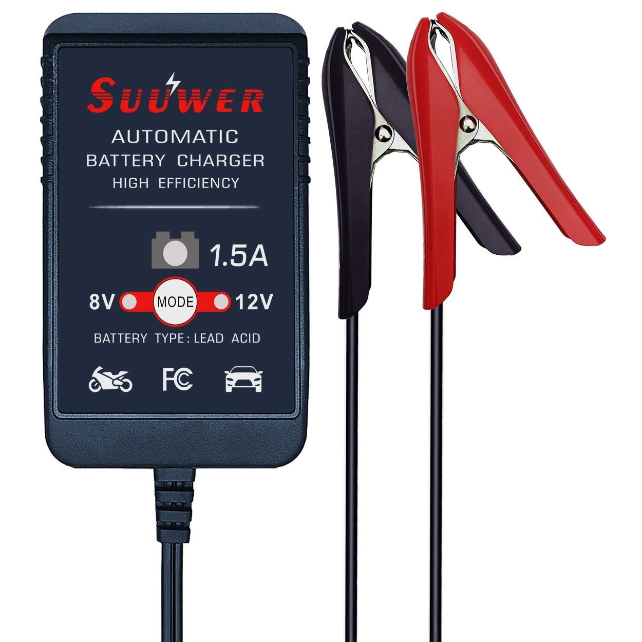 1.5-Amp 8V/12V Fully-Automatic Smart Battery Charger & Maintainer for Motorcycle, Golf Cart, Car, Lawn Mower - Ideal for Winter Storage & Seasonal Vehicle Maintenance