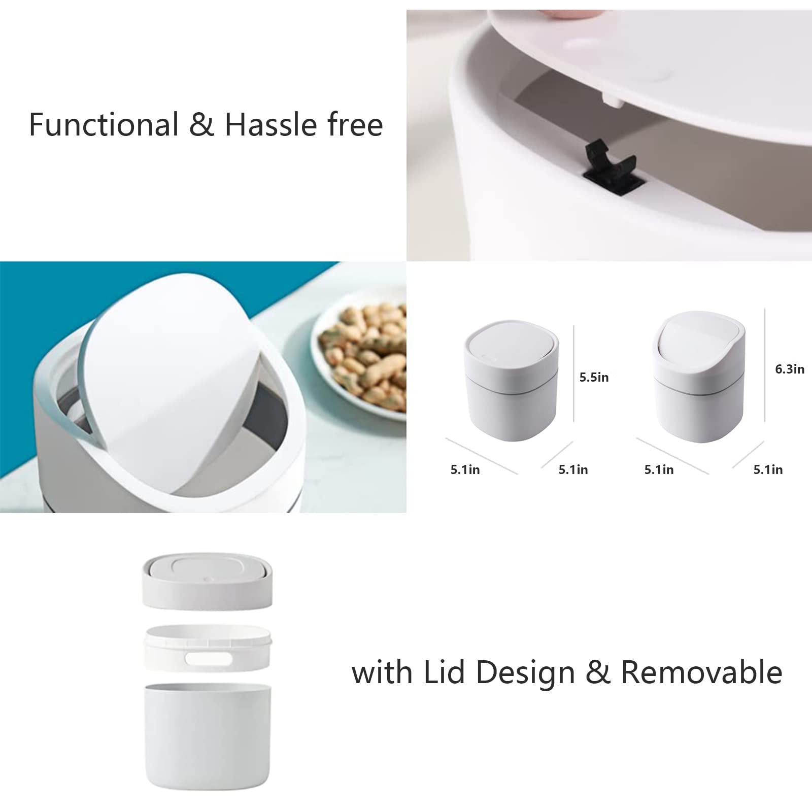 Mini Trash Can with Lid - 2L Small Waste Bin for Bathroom Vanity, Office Desk, Coffee Table - Perfect for Cotton Rounds, Makeup Sponges, Tissues (Square Press, White) | Space-Saving Home & Office Organization Solution