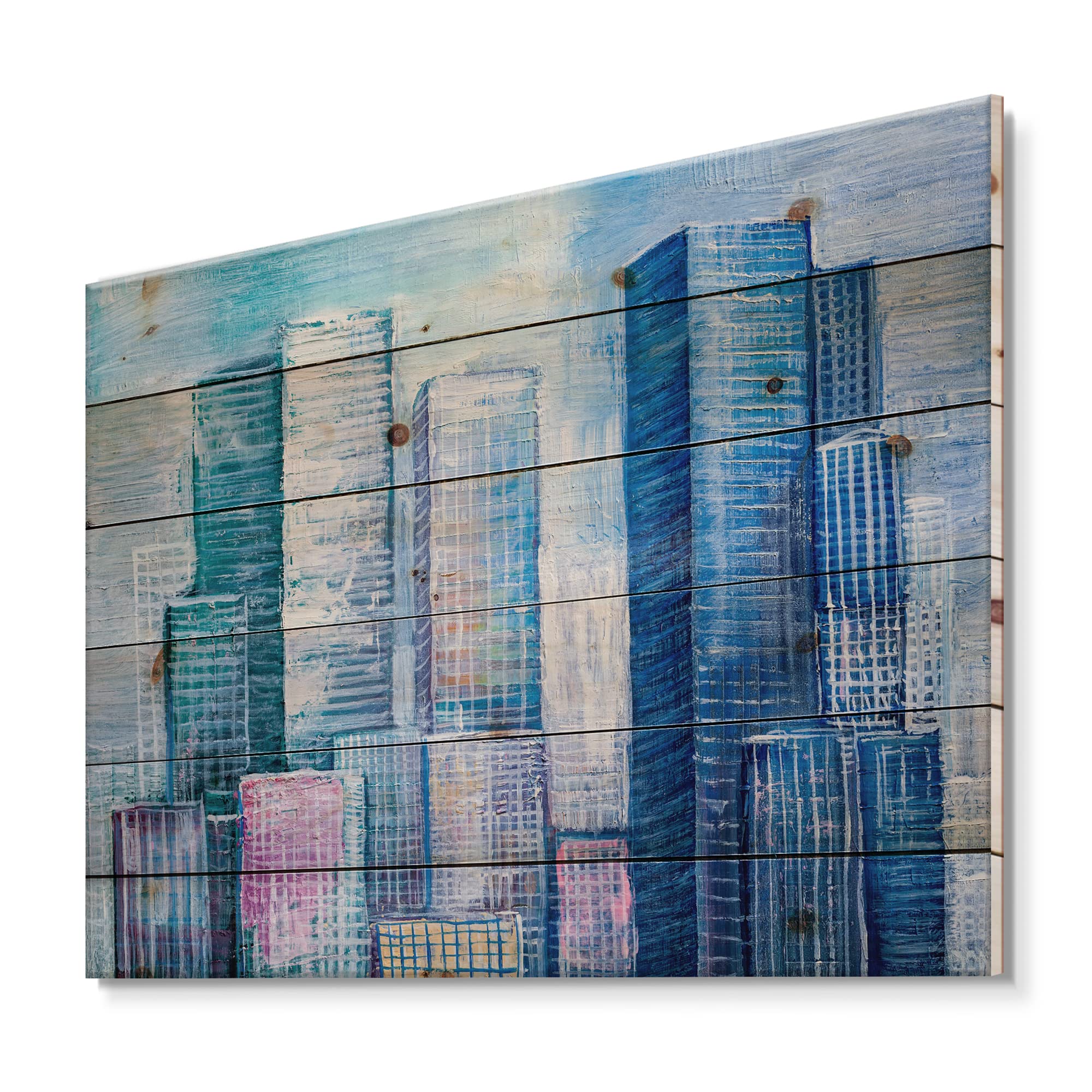 Modern Wood Wall Art - Abstract Cityscape Panorama on Pine for Living Room Decor